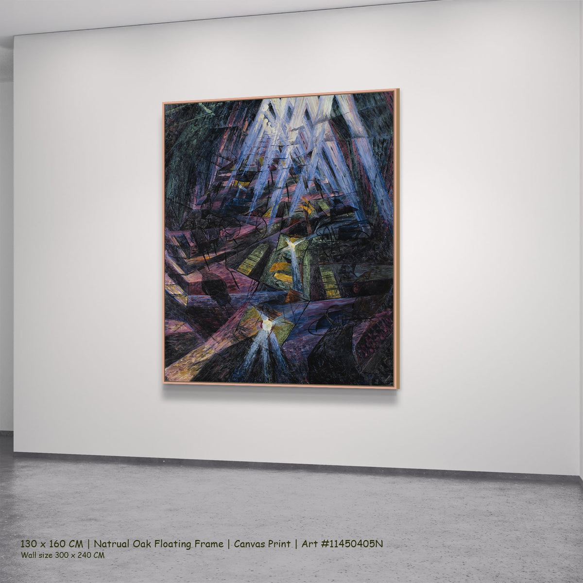The Forces of a Street by Umberto Boccioni in a natural oak floating frame, large purple and black Futurist canvas