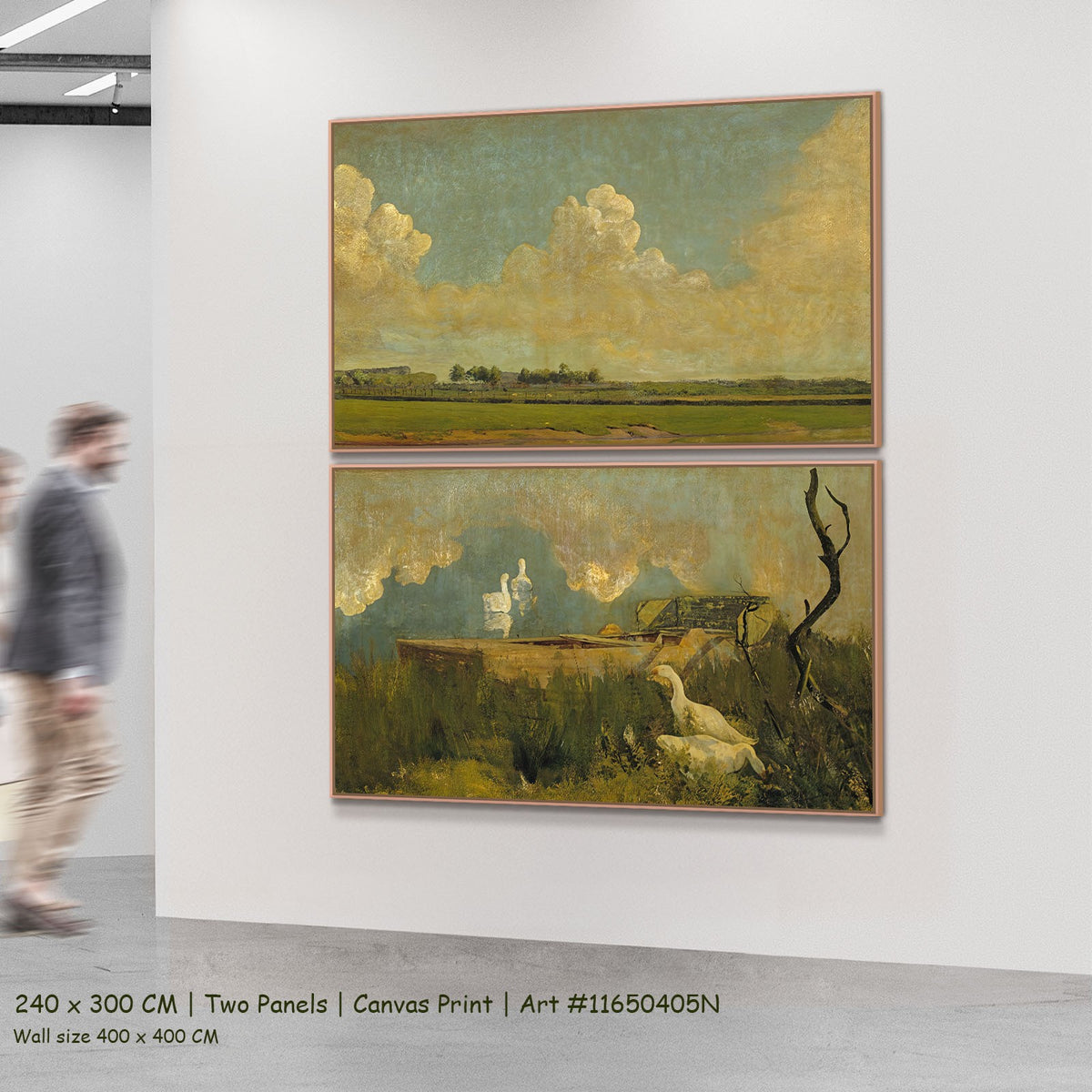 Geese on the Leie by Valerius de Saedeleer as a large two-panel green and yellow Landscape canvas set