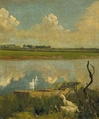 Large green and yellow Landscape canvas print of Geese on the Leie by Valerius de Saedeleer