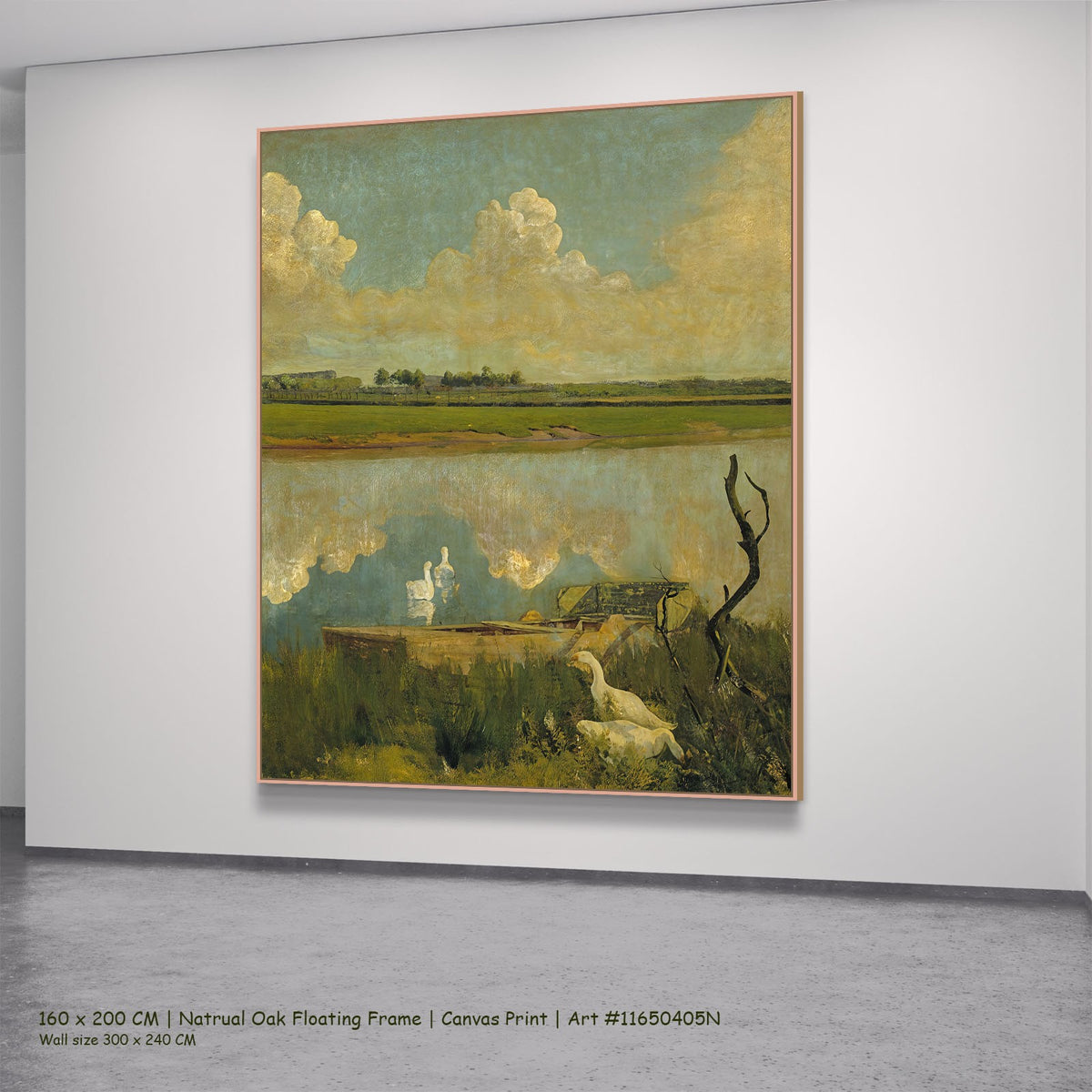 Geese on the Leie by Valerius de Saedeleer in a natural oak floating frame, large green and yellow Landscape canvas