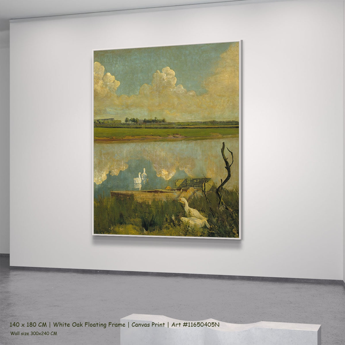 Geese on the Leie by Valerius de Saedeleer in a white oak floating frame, large green and yellow Landscape canvas