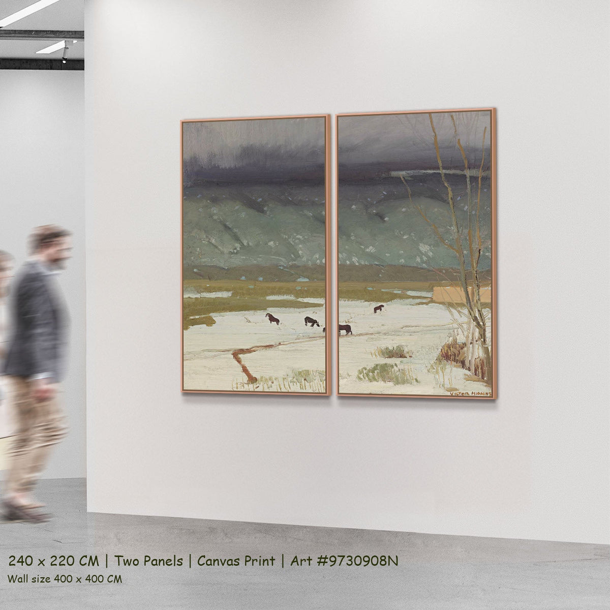 Grazing Horses in Melting Snow by Victor Higgins as a large two-panel green and grey Landscape canvas set