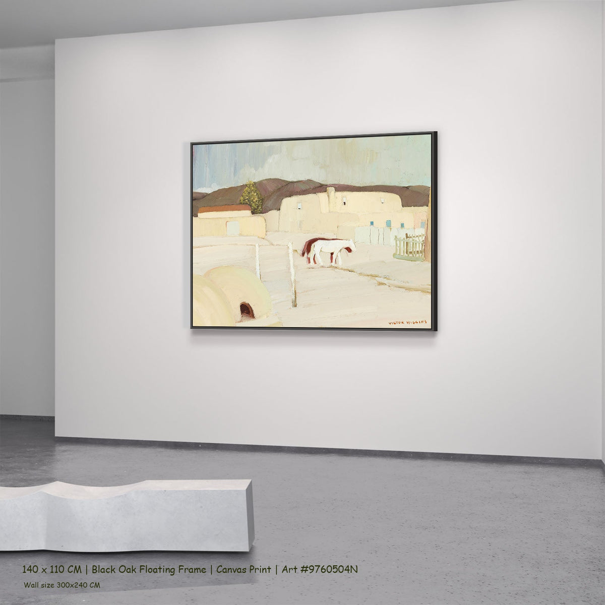Taos Pueblo Courtyard with Horses by Victor Higgins in a black oak floating frame, large white and grey Landscape canvas