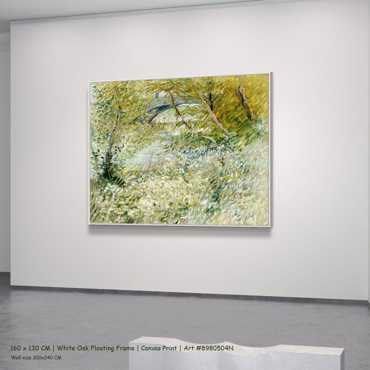 Banks of the Seine with Pont by Vincent van Gogh in a white oak floating frame, large green and white Impressionist canvas