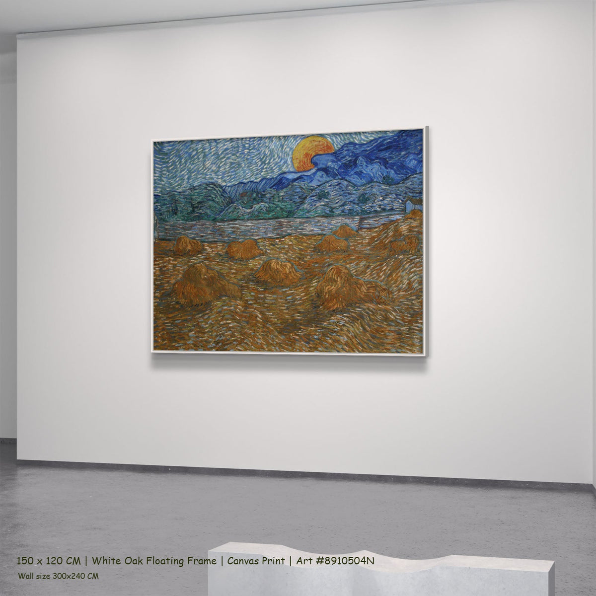 Landscape with Wheat Sheaves and Rising by Vincent van Gogh in a white oak floating frame, large blue and gold Impressionist