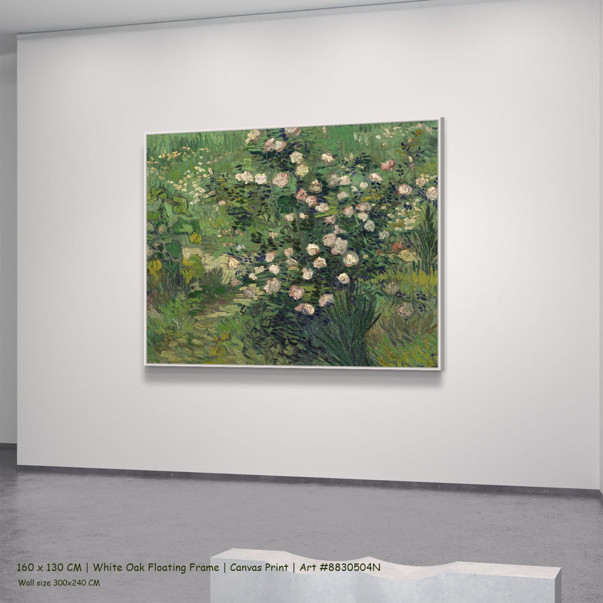 Roses by Vincent van Gogh in a white oak floating frame, large green and pink Impressionist canvas