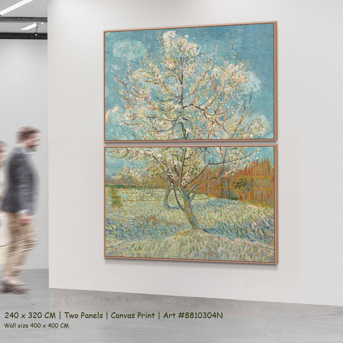 The Pink Peach Tree by Vincent van Gogh as a large two-panel light blue and green Impressionist canvas set
