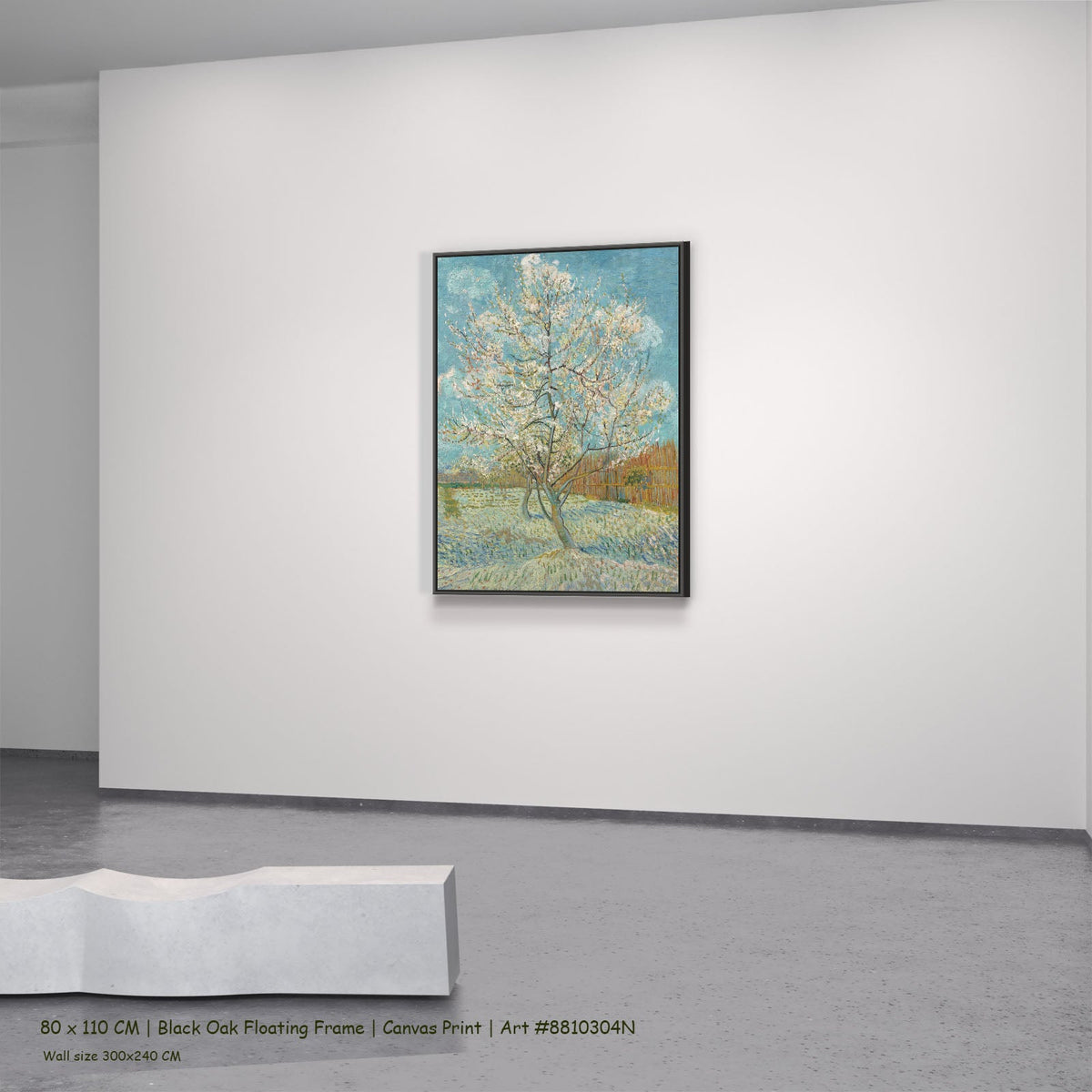 The Pink Peach Tree by Vincent van Gogh in a black oak floating frame, large light blue and green Impressionist canvas