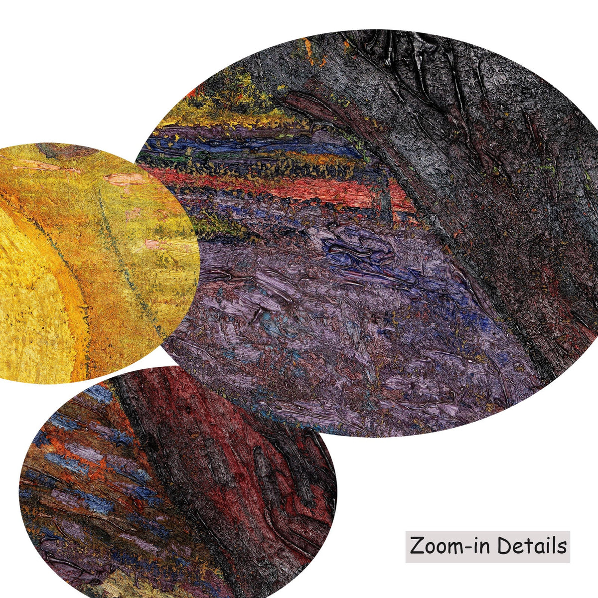Close-up detail of the brushwork on The Sower, a large gold and purple Impressionist canvas by Vincent van Gogh
