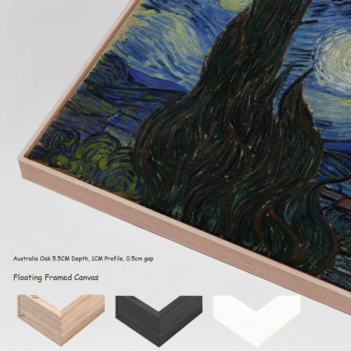 The Starry Night by Vincent van Gogh in a floating frame, large blue and yellow Impressionist canvas print