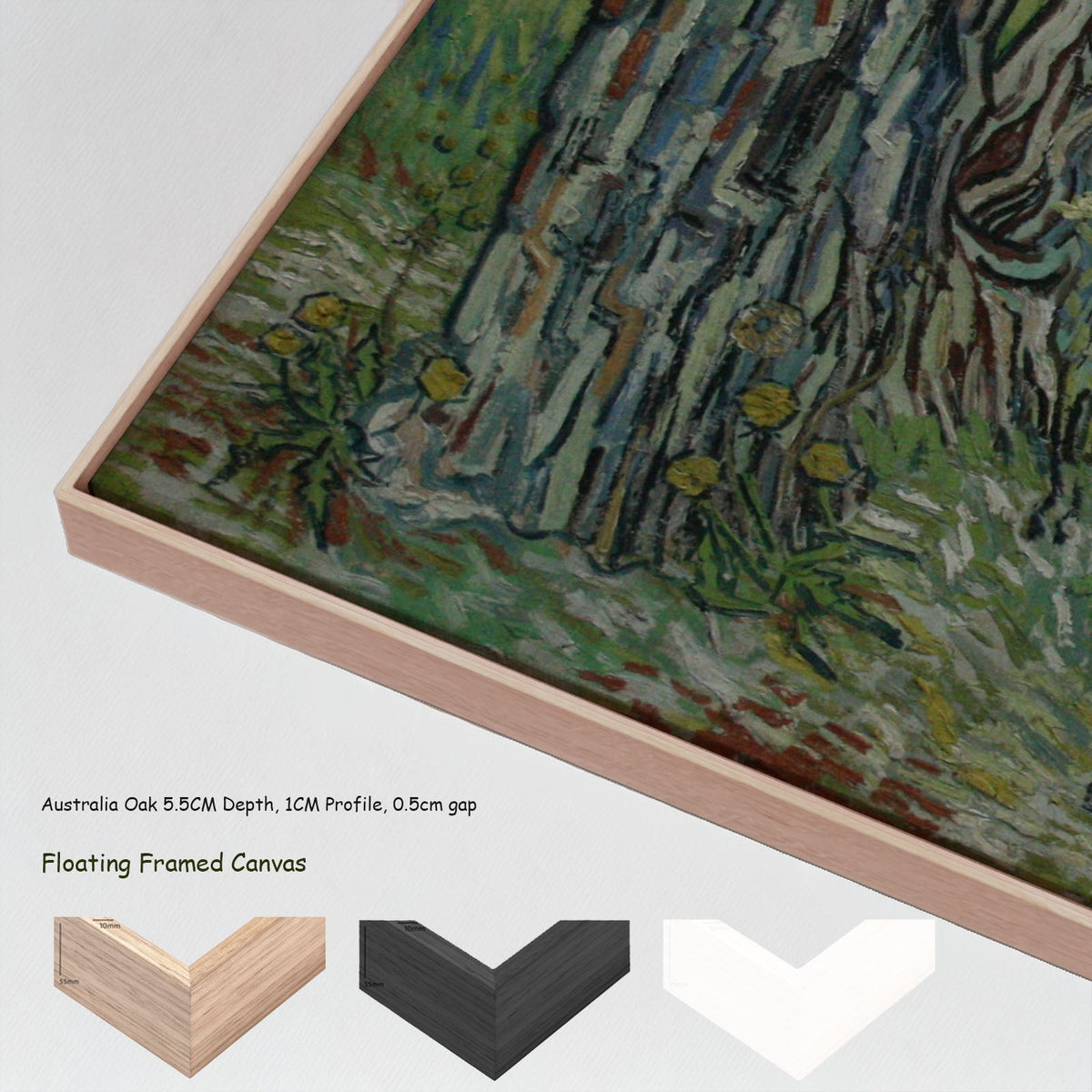 Tree Trunks in the Grass by Vincent van Gogh in a floating frame, large green and grey Impressionist canvas print
