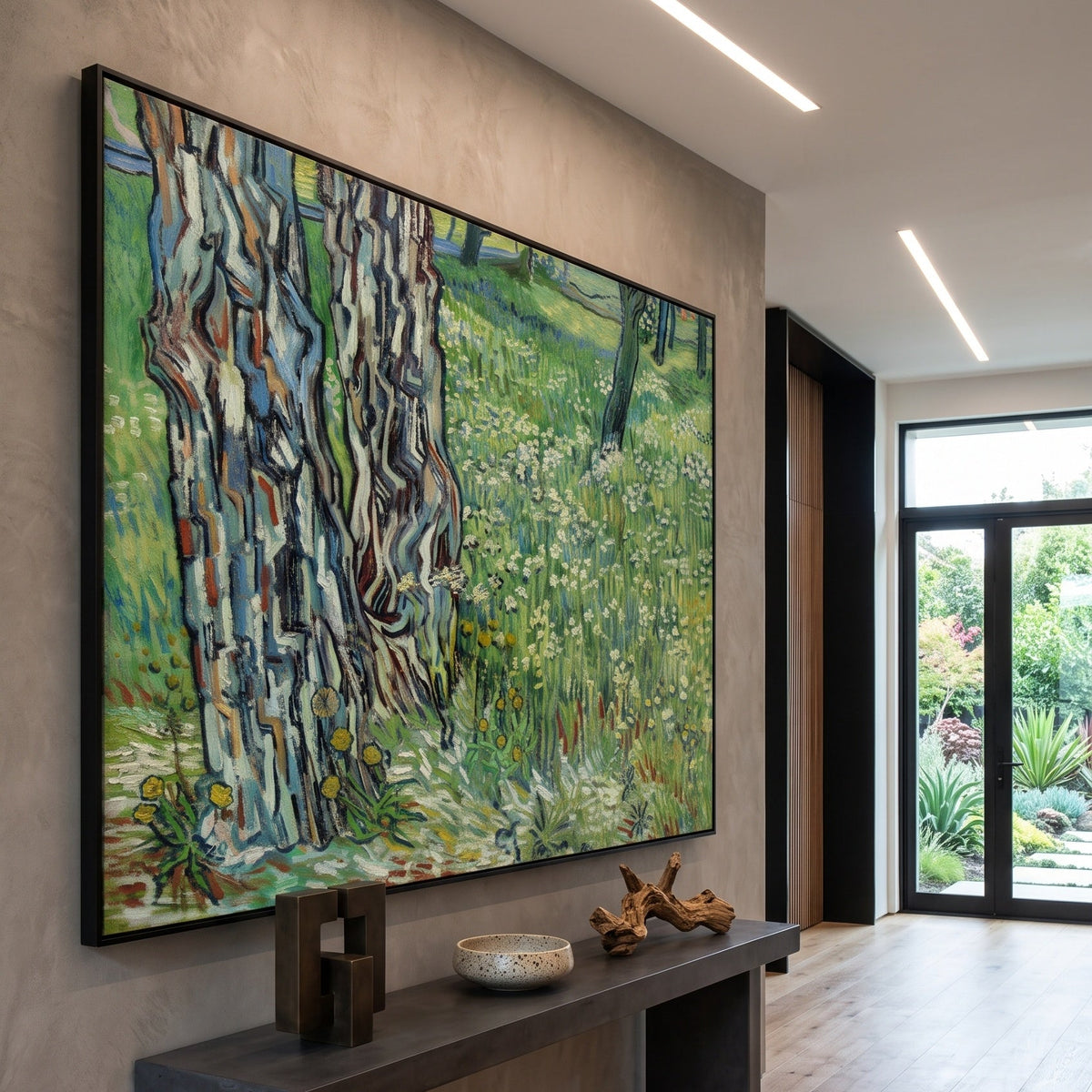 Tree Trunks in the Grass by Vincent van Gogh — large green and grey Impressionist canvas art on a hallway wall