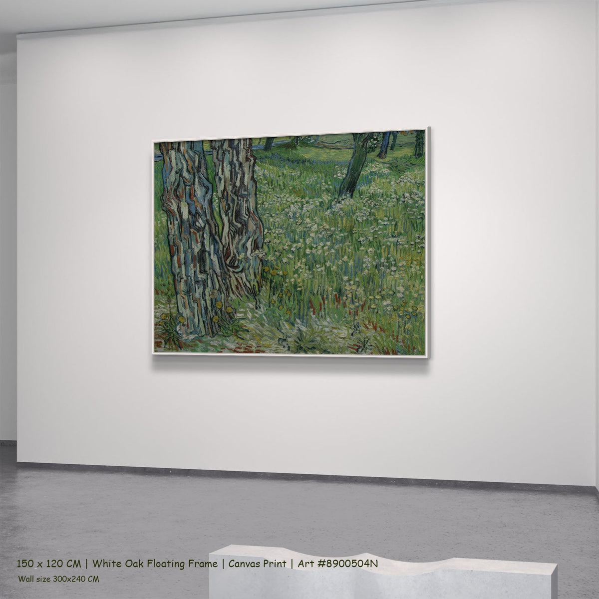 Tree Trunks in the Grass by Vincent van Gogh in a white oak floating frame, large green and grey Impressionist canvas