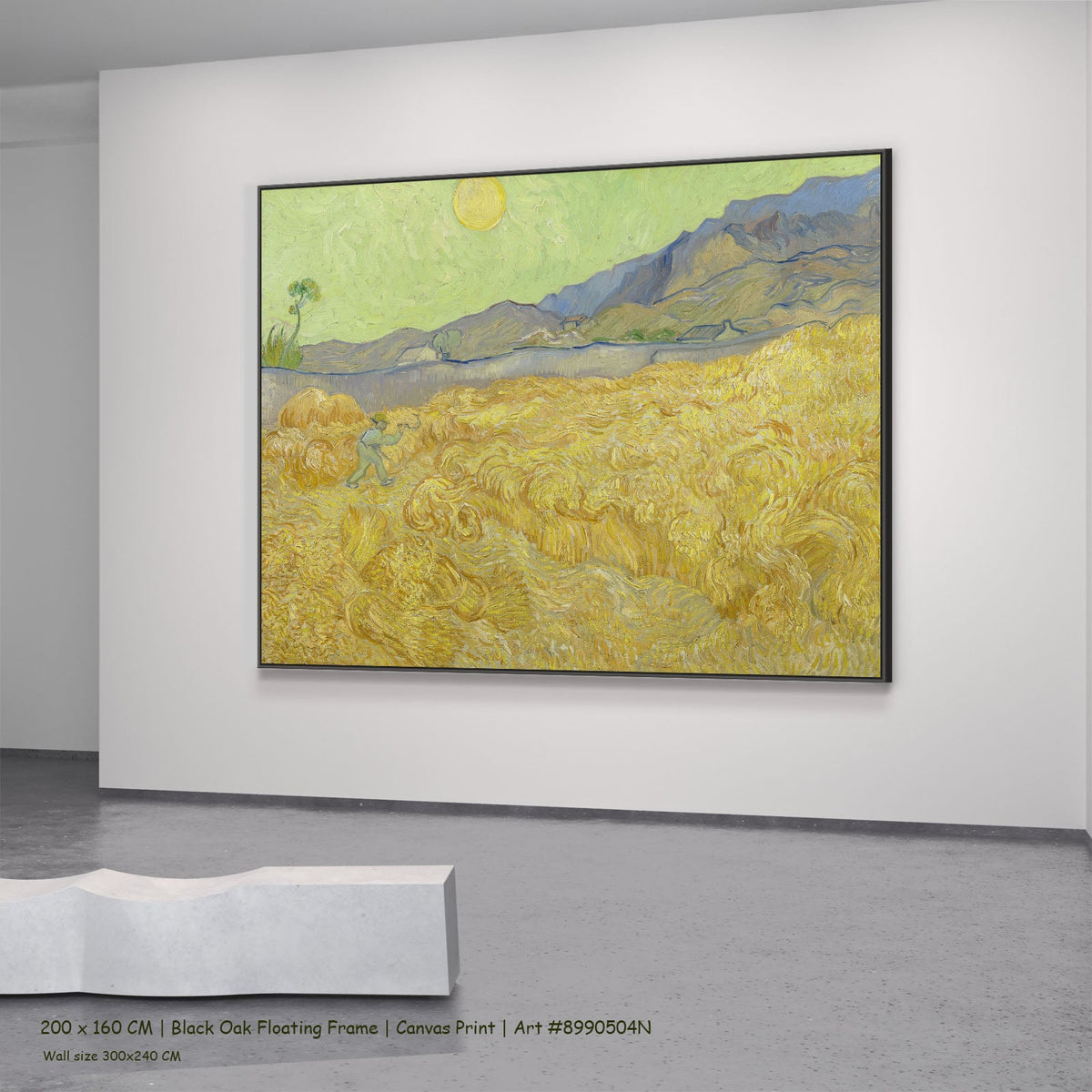 Wheatfield with a Reaper by Vincent van Gogh in a black oak floating frame, large gold and green Impressionist canvas