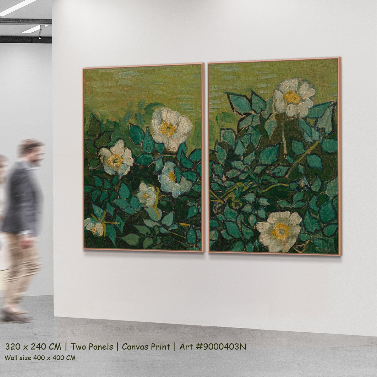 Wild Roses by Vincent van Gogh as a large two-panel green and olive Impressionist canvas set