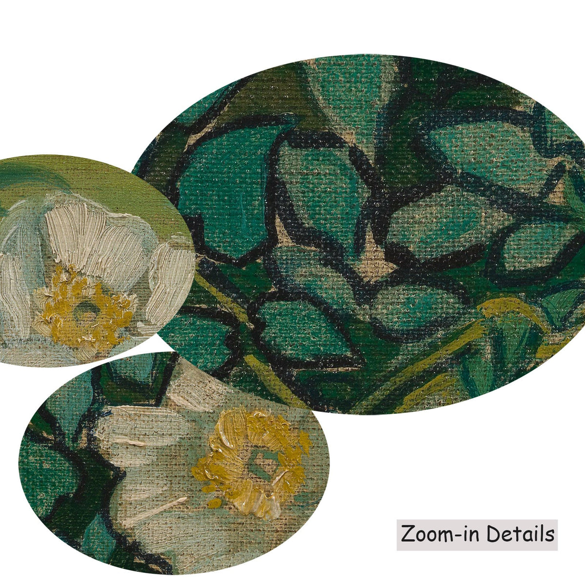 Close-up detail of the brushwork on Wild Roses, a large green and olive Impressionist canvas by Vincent van Gogh