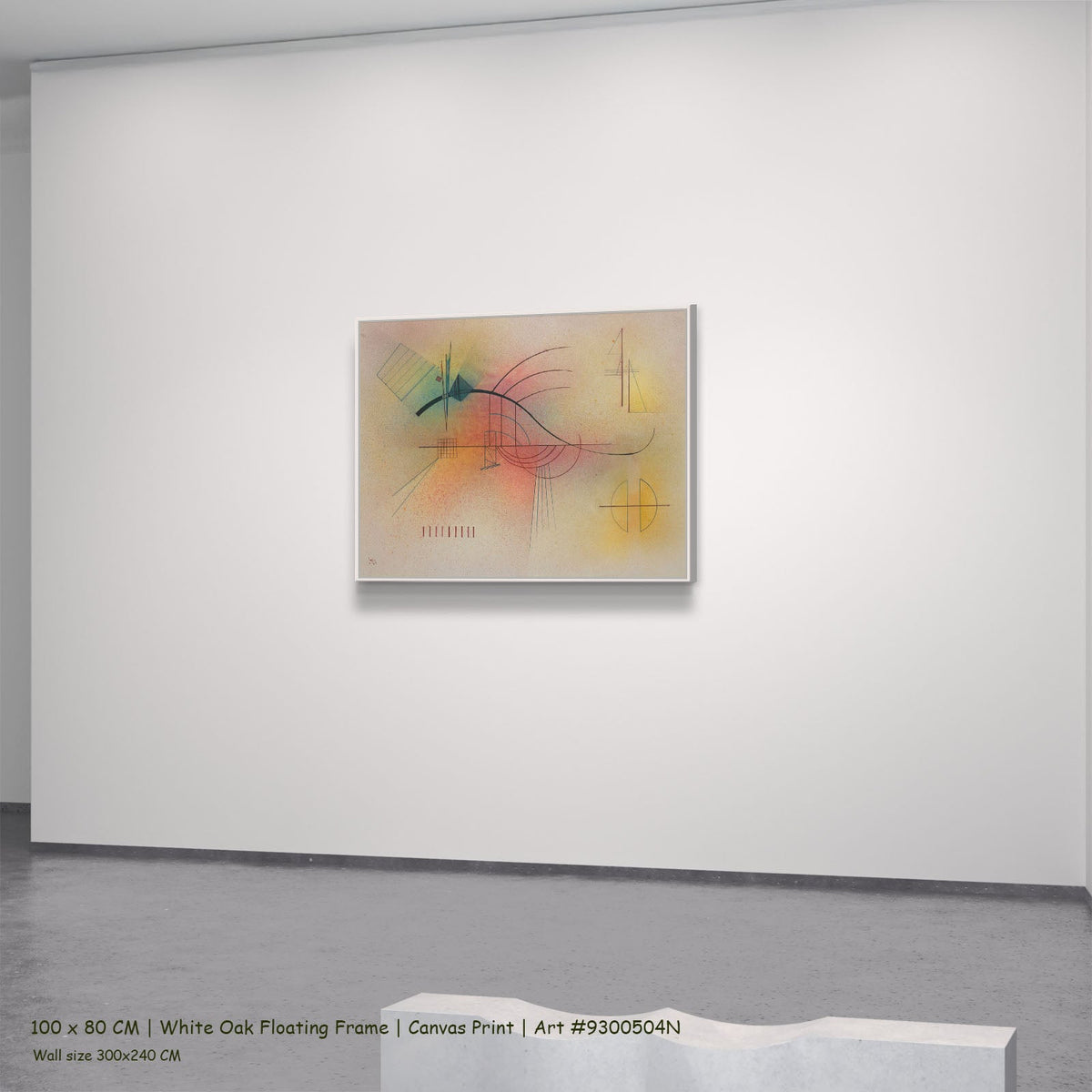 Abstract Composition with Black Arc by Wassily Kandinsky in a white oak floating frame, large yellow and white Geometric Abst