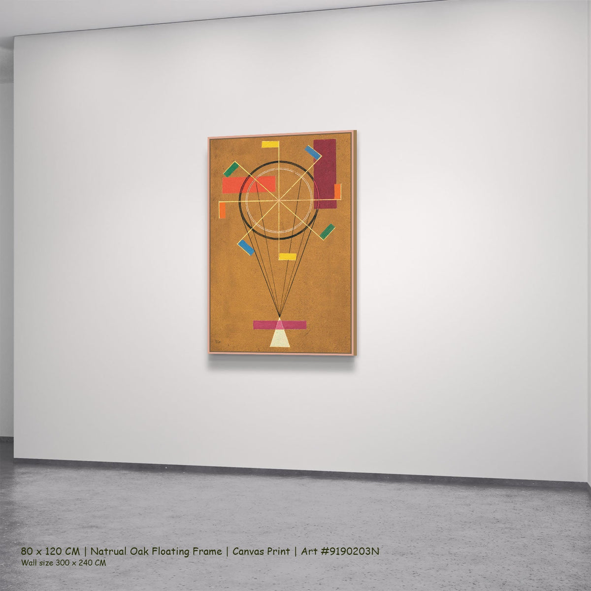Circle and Rays on Ochre by Wassily Kandinsky in a natural oak floating frame, large gold and red Colourful Abstract canvas