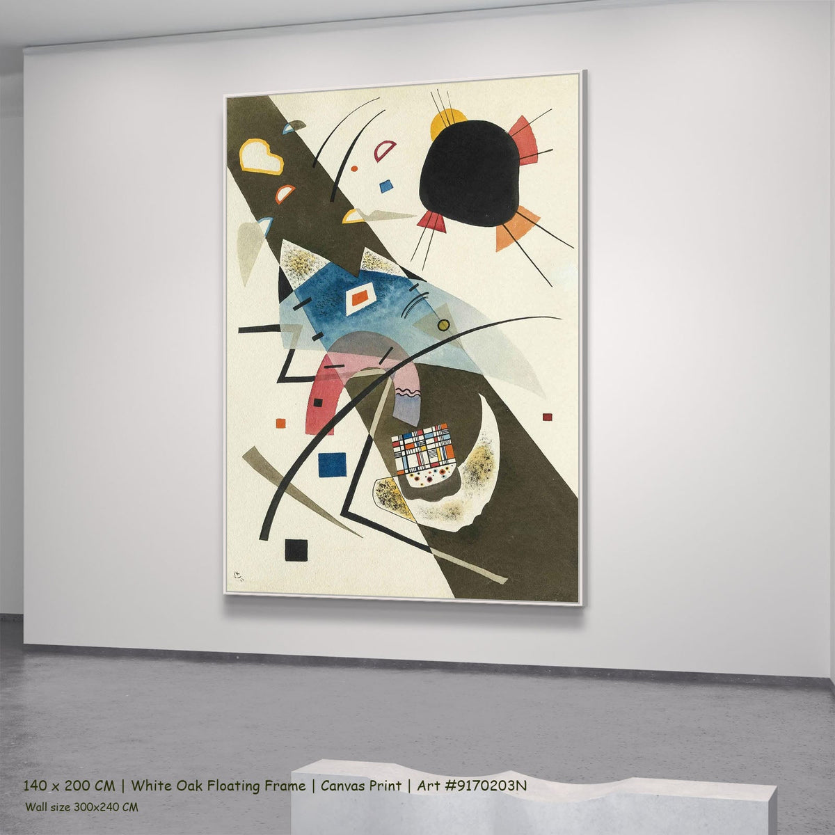 Diagonal Composition by Wassily Kandinsky in a white oak floating frame, large brown and blue Abstract canvas
