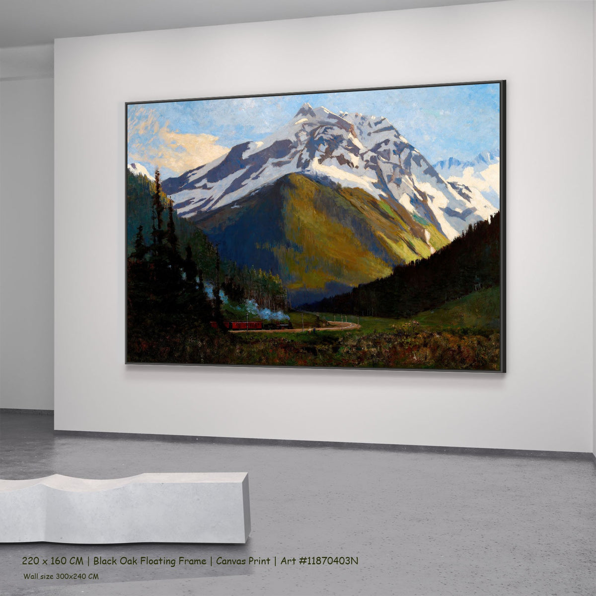 Mount Cheops from Rogers Pass by William Brymner in a black oak floating frame, large light blue and black Landscape canvas