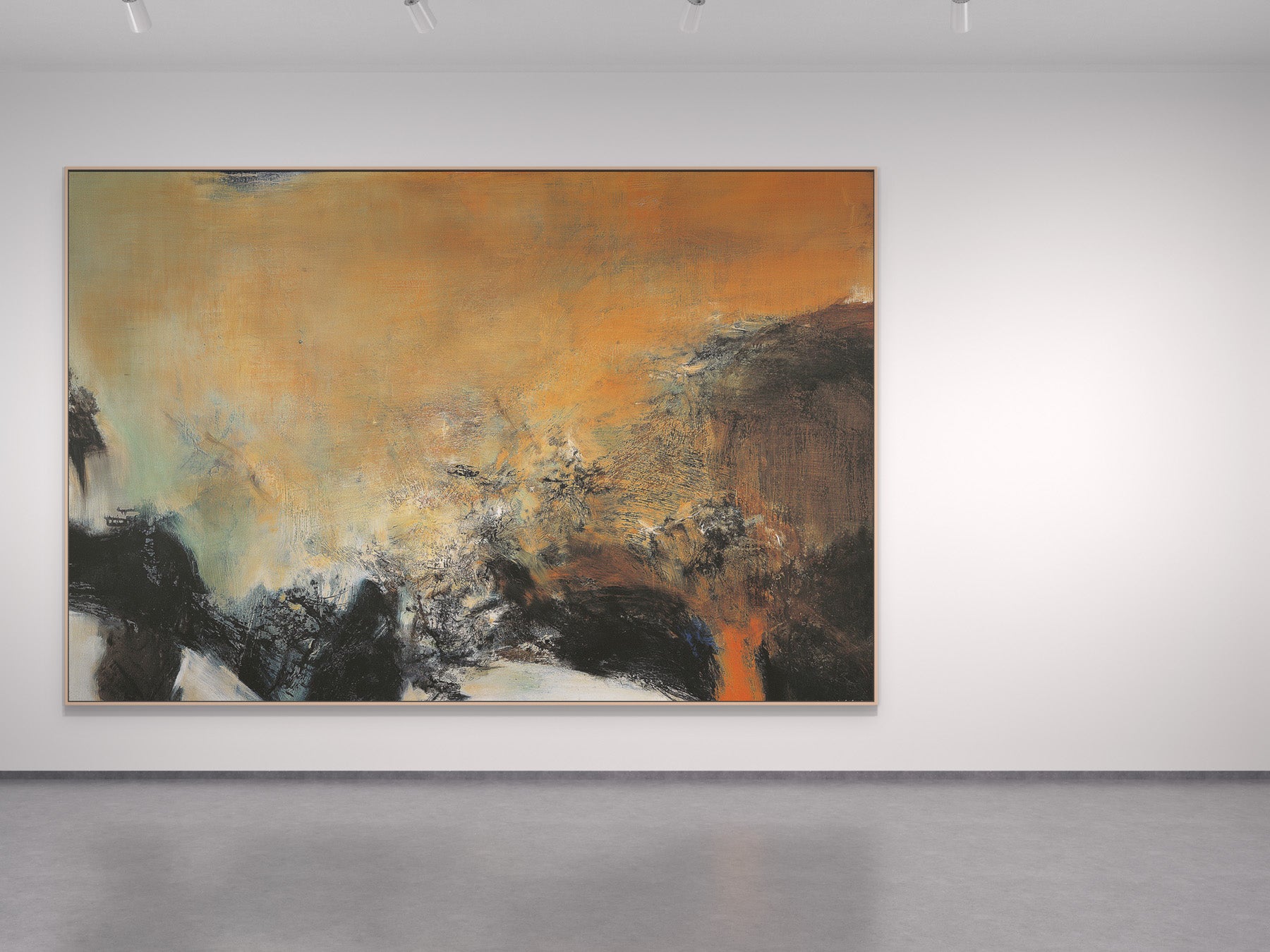 Burnt Horizon Extra Large Contemporary Landscape canvas wall art framed and hung on a wall