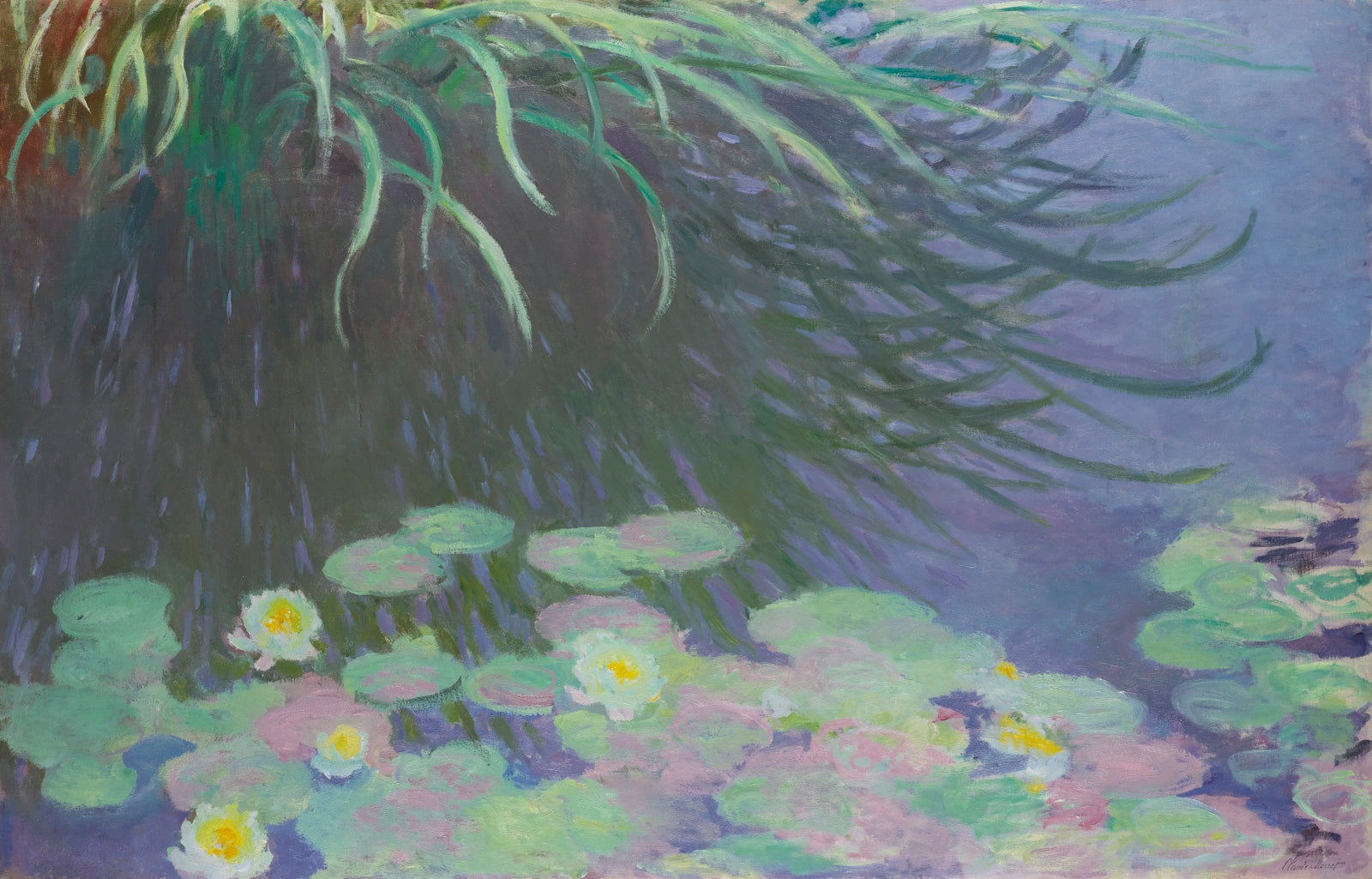 Water-Lilies with Reflections of Green Grasses — Large Floral canvas wall art by Claude Monet
