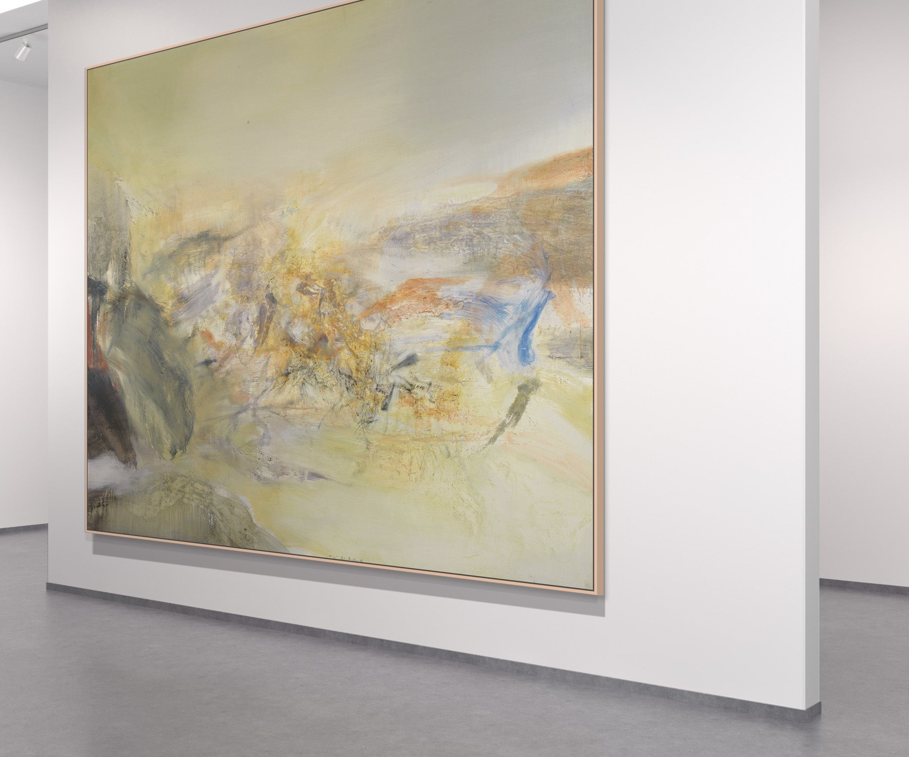 Misty Valley Oversized Abstract Landscape canvas wall art framed and hung on a wall