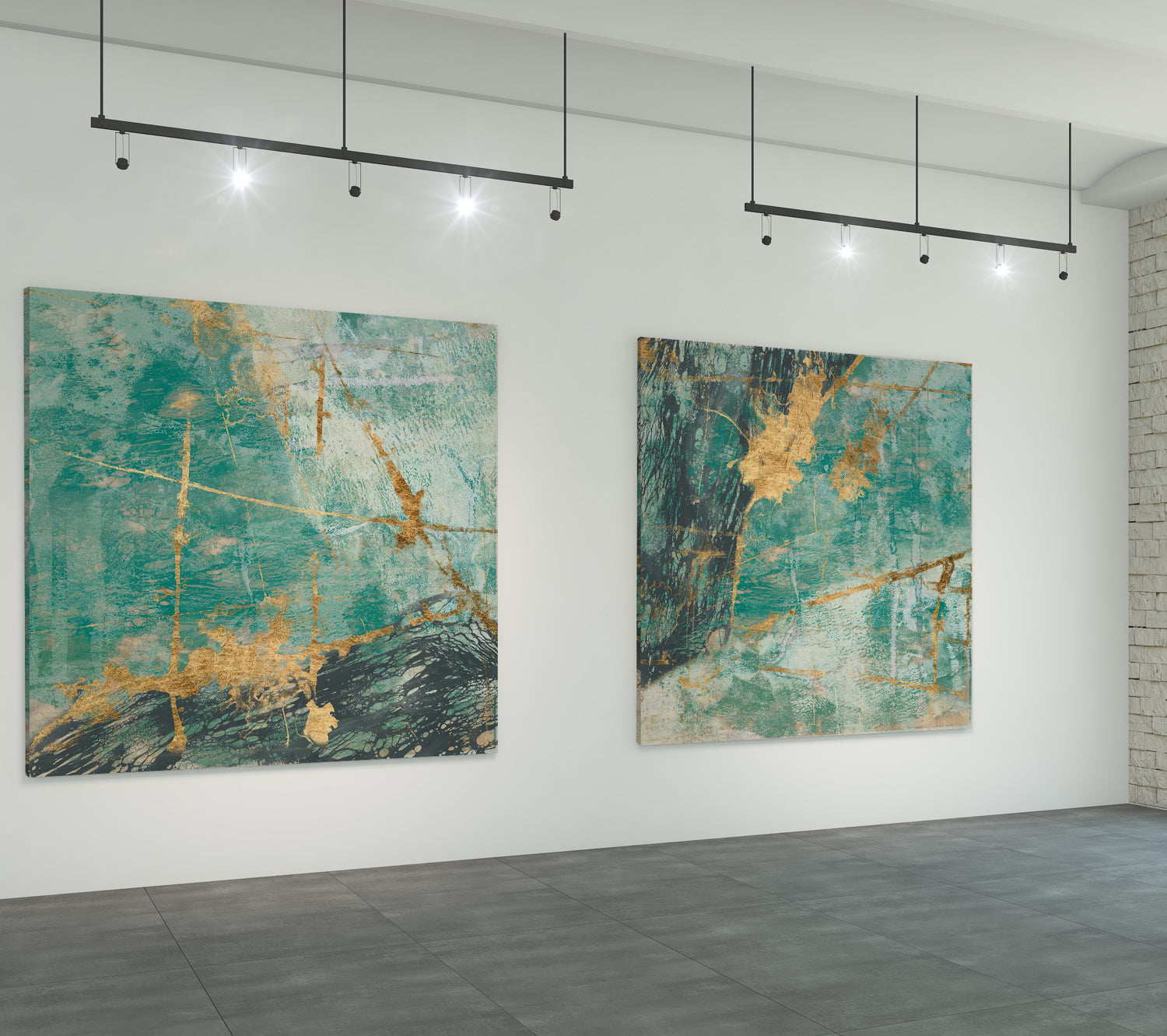 Aqua gold abstract canvas pair shown in a gallery — real photograph