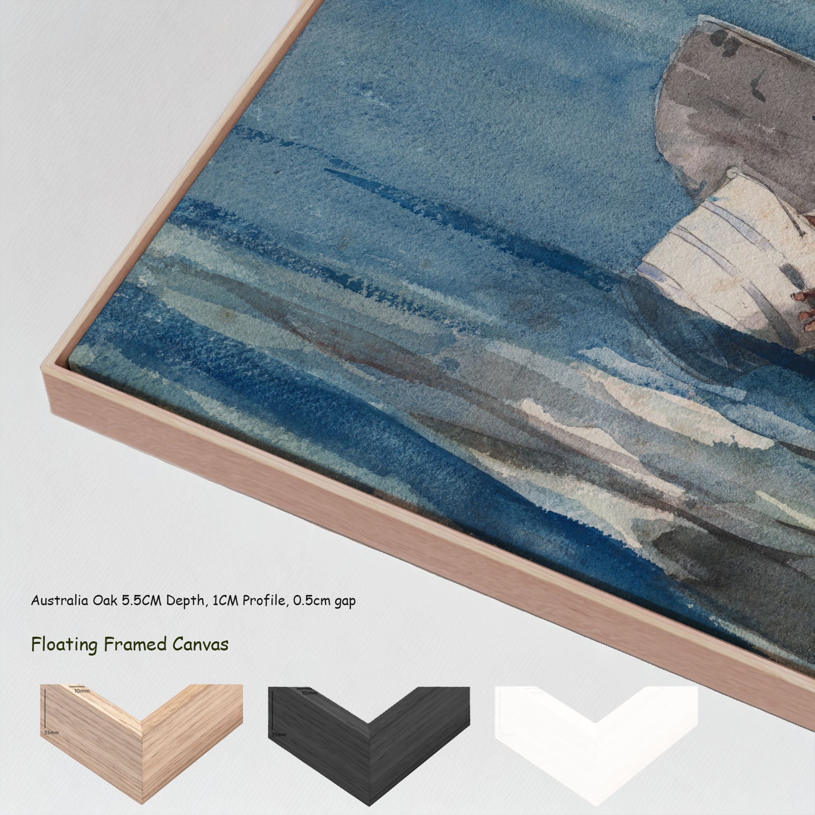 The Water Fan by Winslow Homer in a floating frame, large blue and grey Landscape canvas print