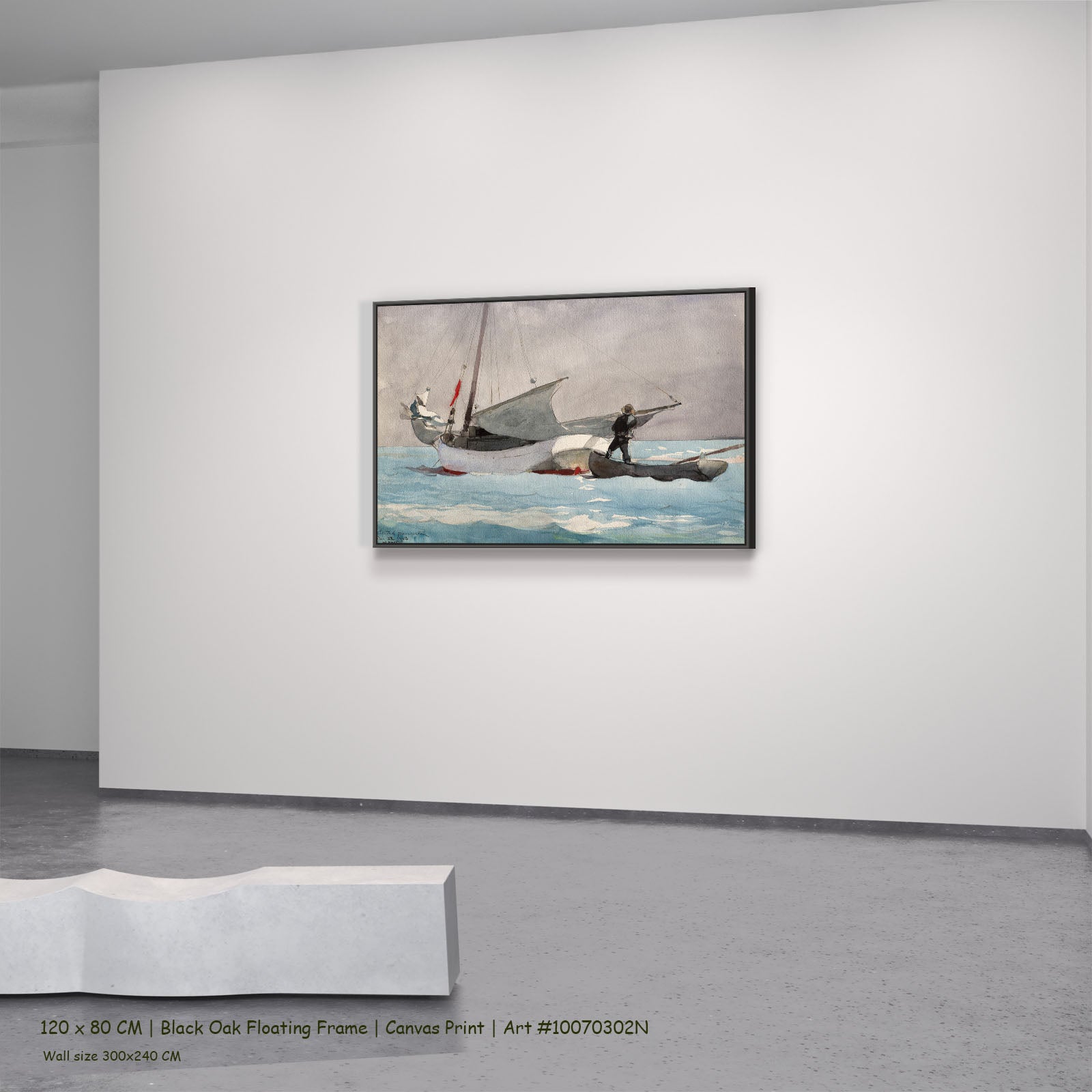 Stowing Sail by Winslow Homer in a black oak floating frame, large light blue and aqua Landscape canvas