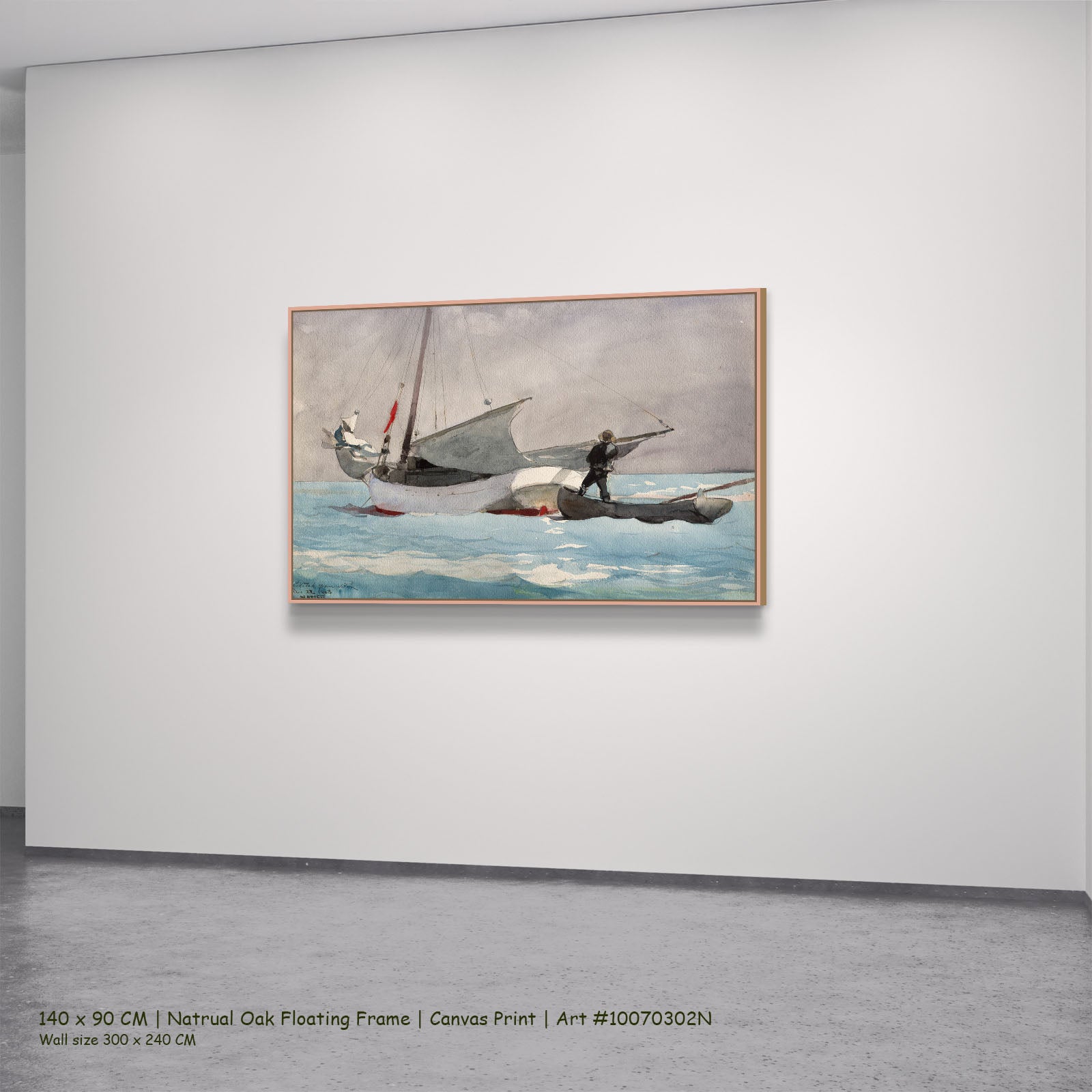 Stowing Sail by Winslow Homer in a natural oak floating frame, large light blue and aqua Landscape canvas