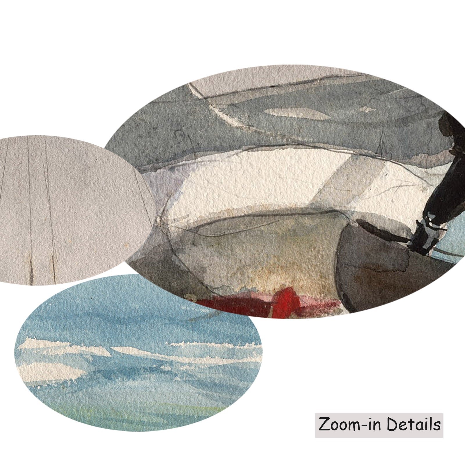 Close-up detail of the brushwork on Stowing Sail, a large light blue and aqua Landscape canvas by Winslow Homer