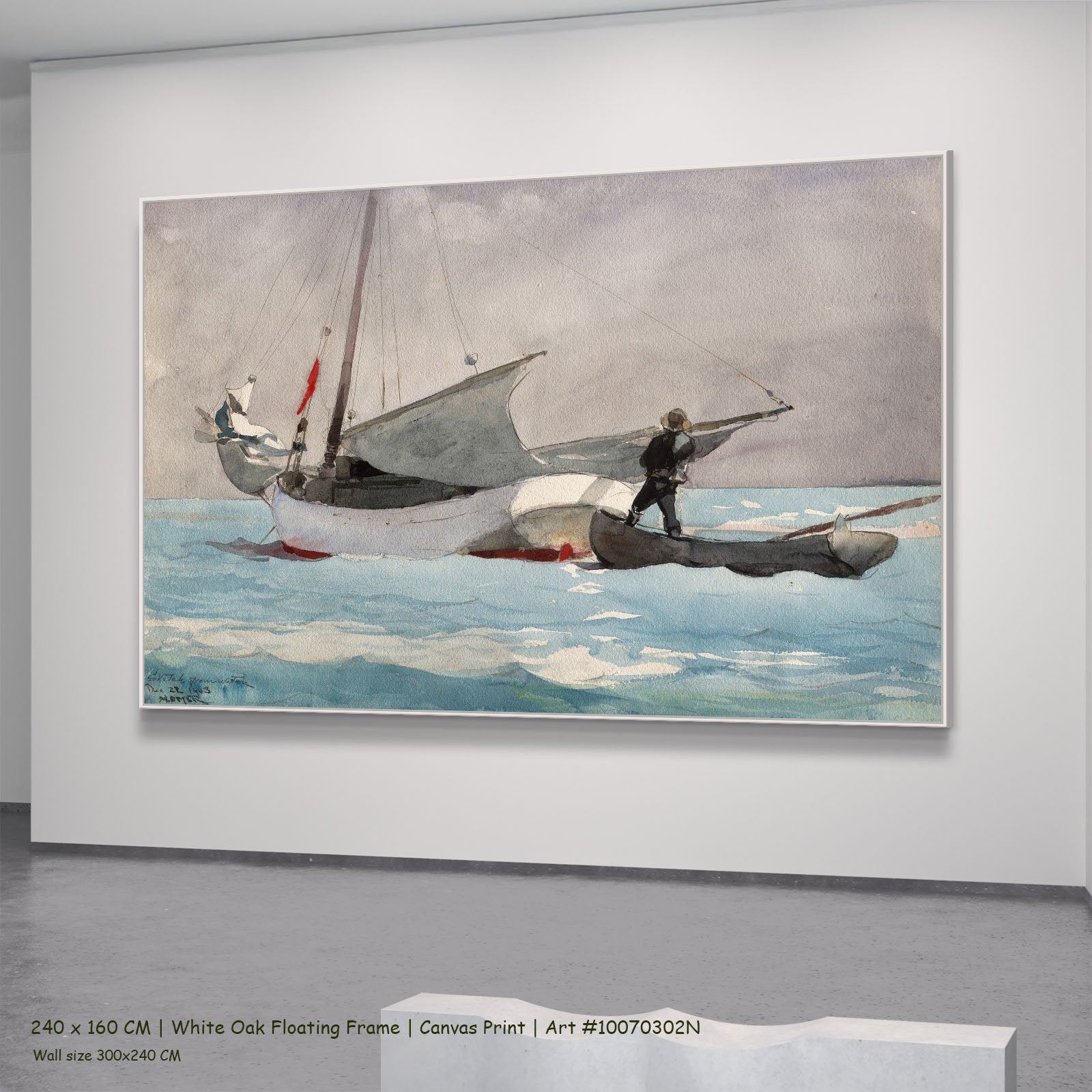 Stowing Sail by Winslow Homer in a white oak floating frame, large light blue and aqua Landscape canvas