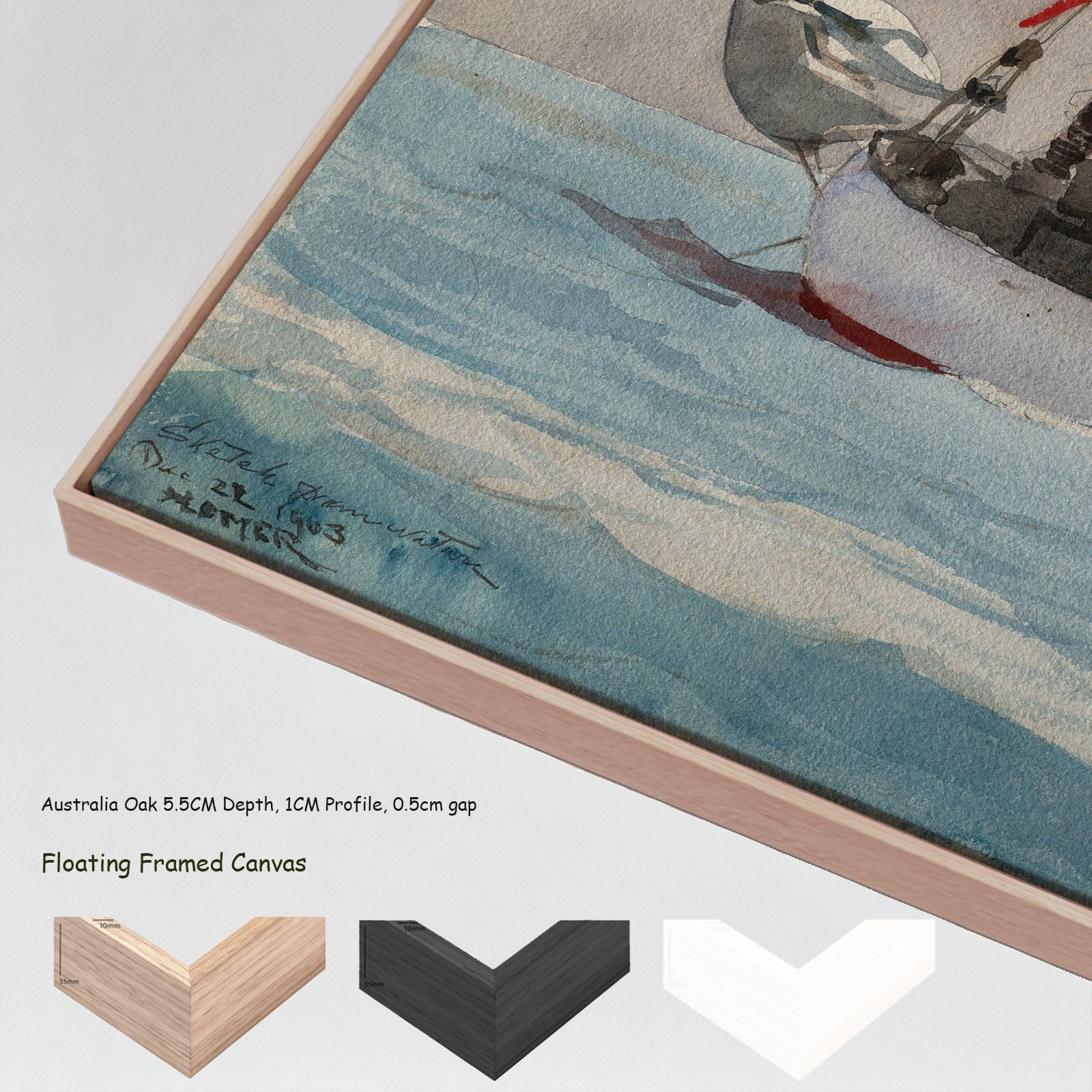 Stowing Sail by Winslow Homer in a floating frame, large light blue and aqua Landscape canvas print