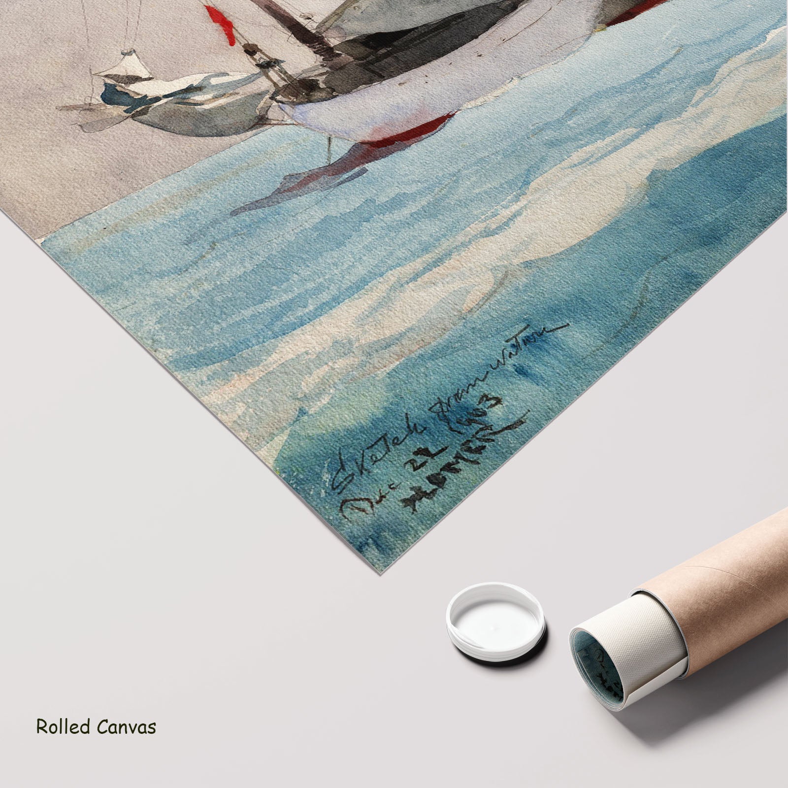 Stowing Sail by Winslow Homer as a large rolled light blue and aqua Landscape canvas print