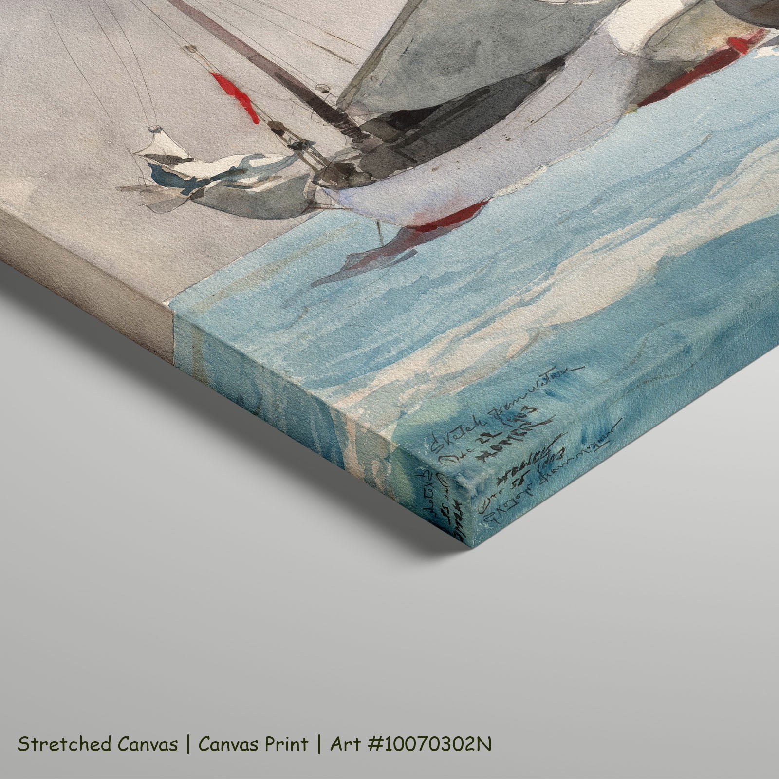 Stowing Sail by Winslow Homer as a large stretched light blue and aqua Landscape canvas print