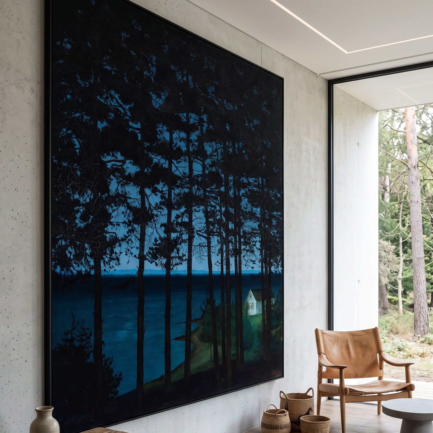 Fisherman's Cottage by Harald Oscar Sohlberg — large blue and green Landscape canvas art on a hallway wall