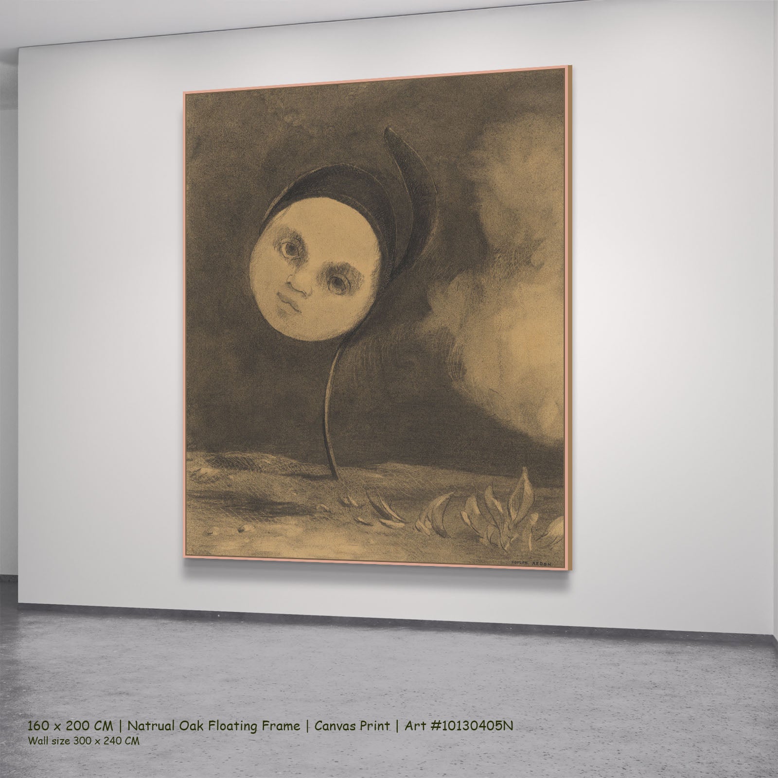 Strange Flower by Odilon Redon in a natural oak floating frame, large gold and brown Symbolist canvas
