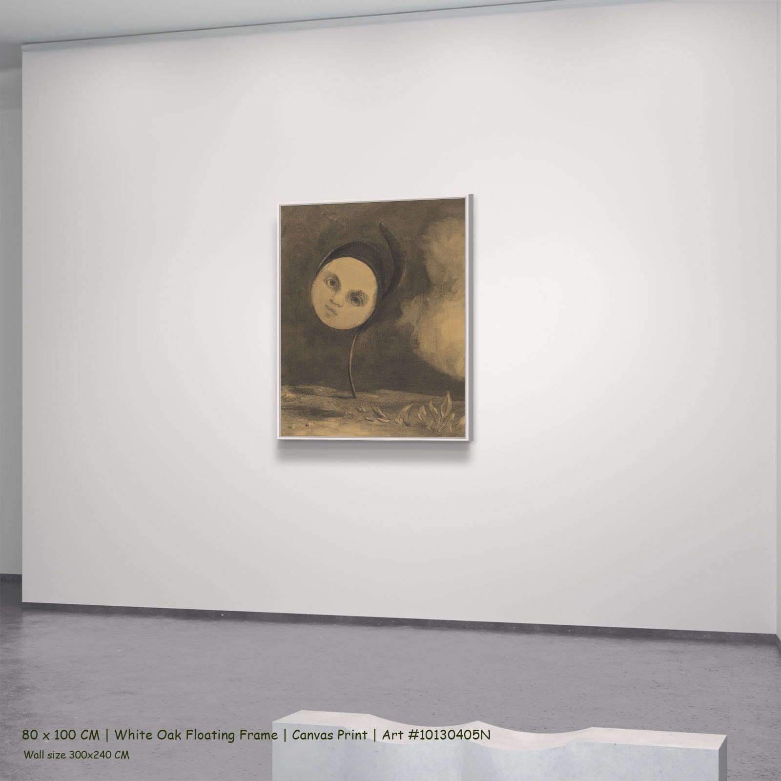 Strange Flower by Odilon Redon in a white oak floating frame, large gold and brown Symbolist canvas