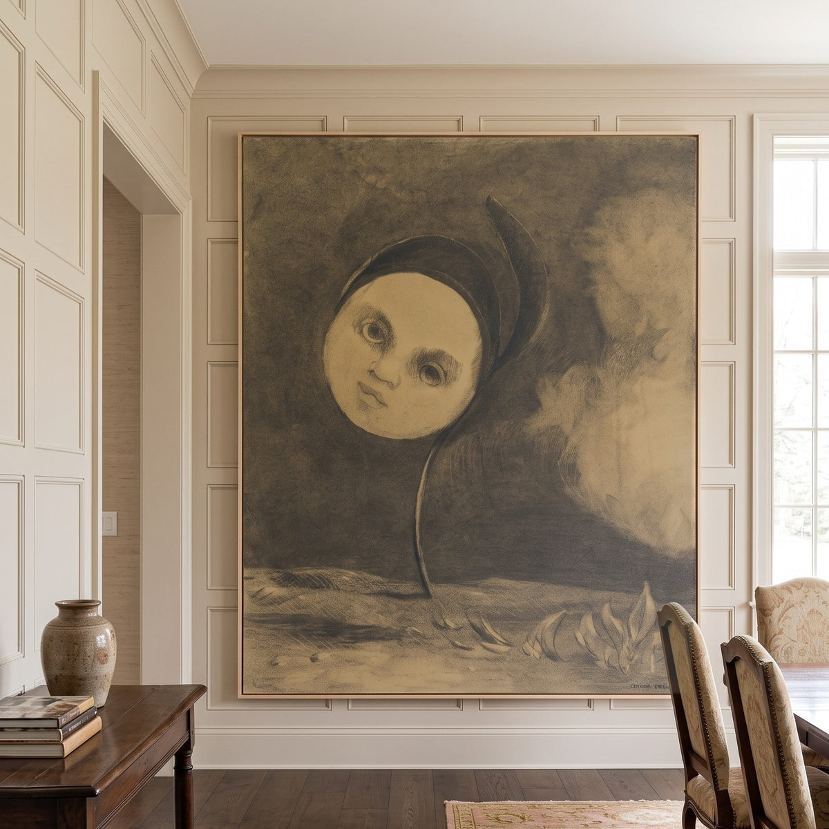 Strange Flower by Odilon Redon — large gold and brown Symbolist canvas art on a hallway wall