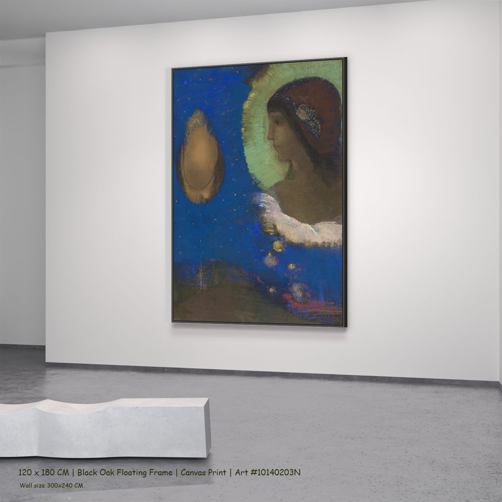 Sita by Odilon Redon in a black oak floating frame, large blue and green Symbolist canvas