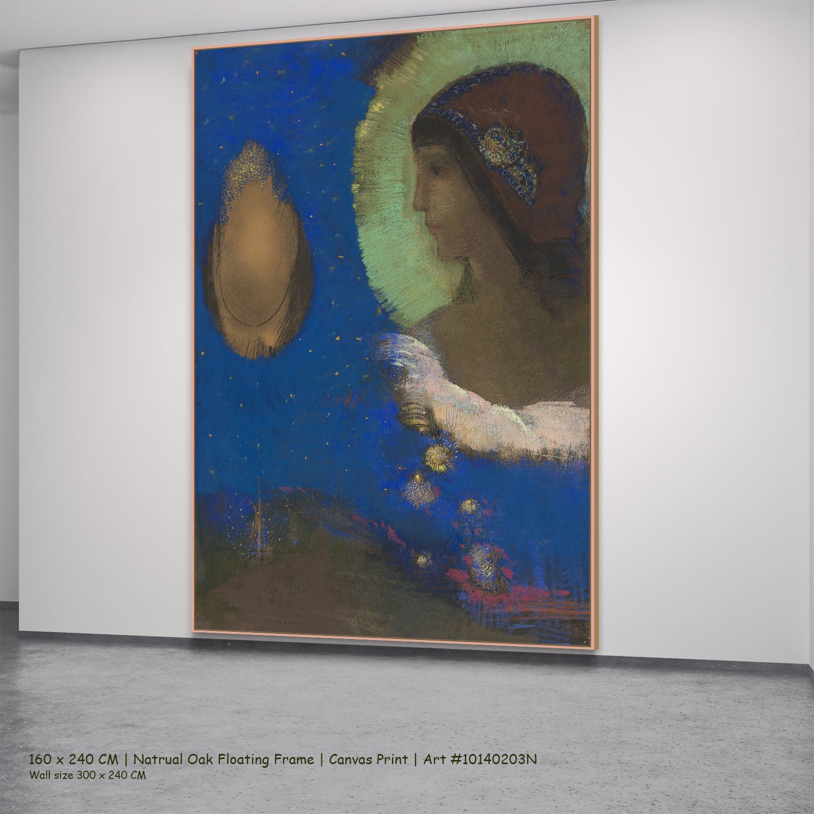 Sita by Odilon Redon in a natural oak floating frame, large blue and green Symbolist canvas