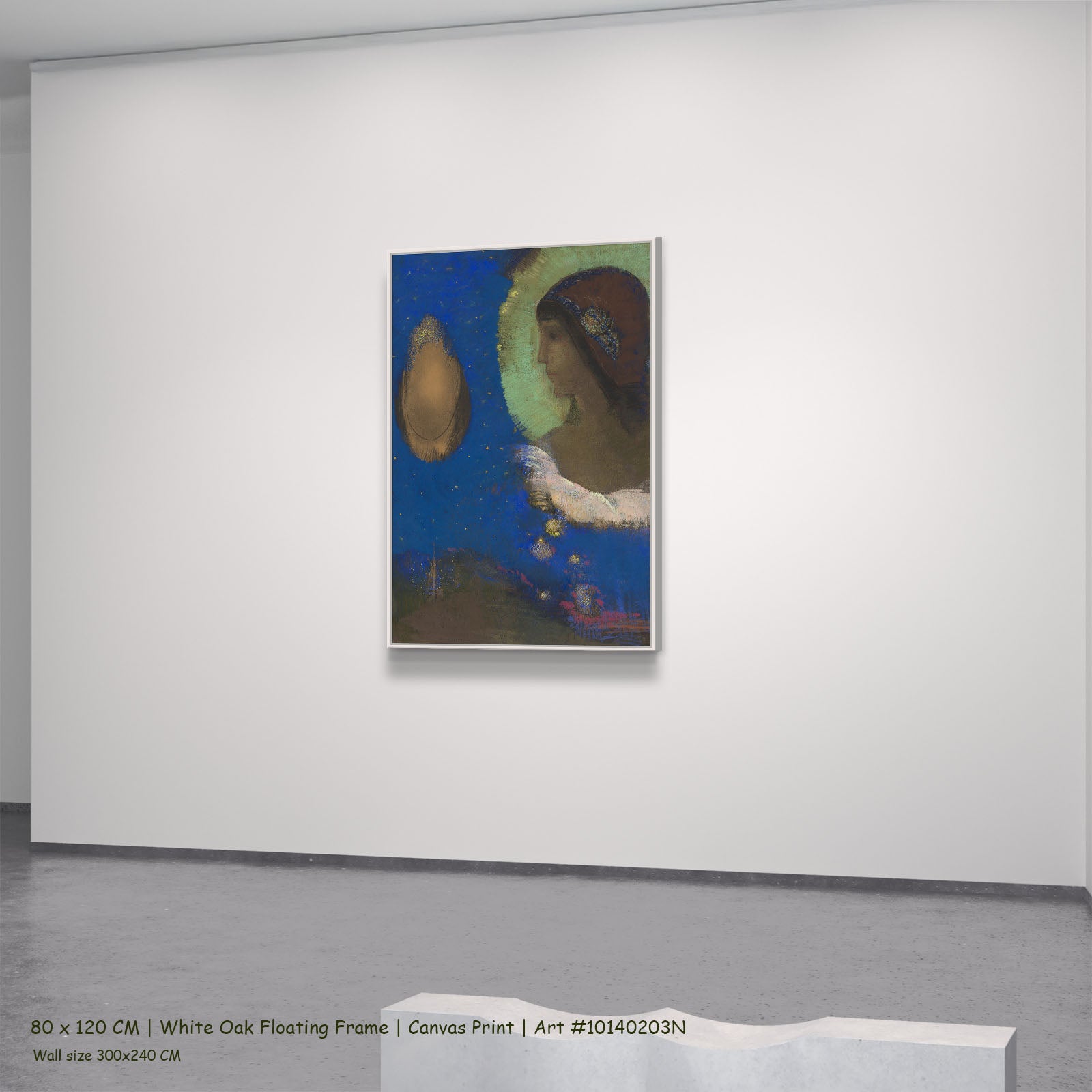 Sita by Odilon Redon in a white oak floating frame, large blue and green Symbolist canvas