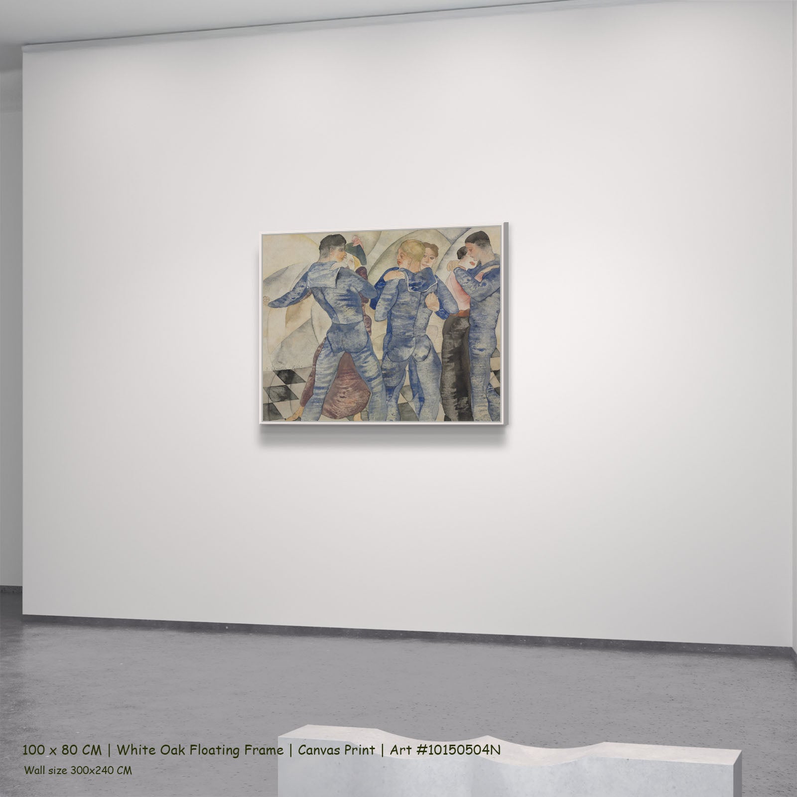 Dancing Sailors by Charles Demuth in a white oak floating frame, large blue and white Modern Abstract canvas