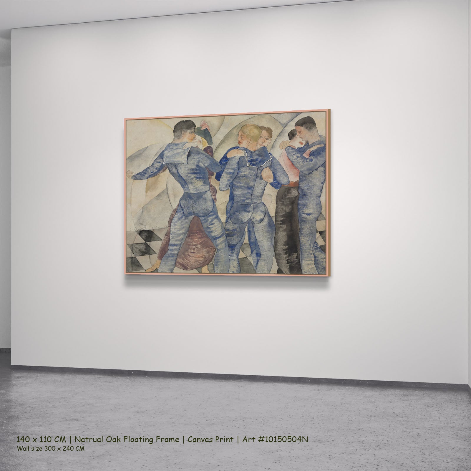 Dancing Sailors by Charles Demuth in a natural oak floating frame, large blue and white Modern Abstract canvas