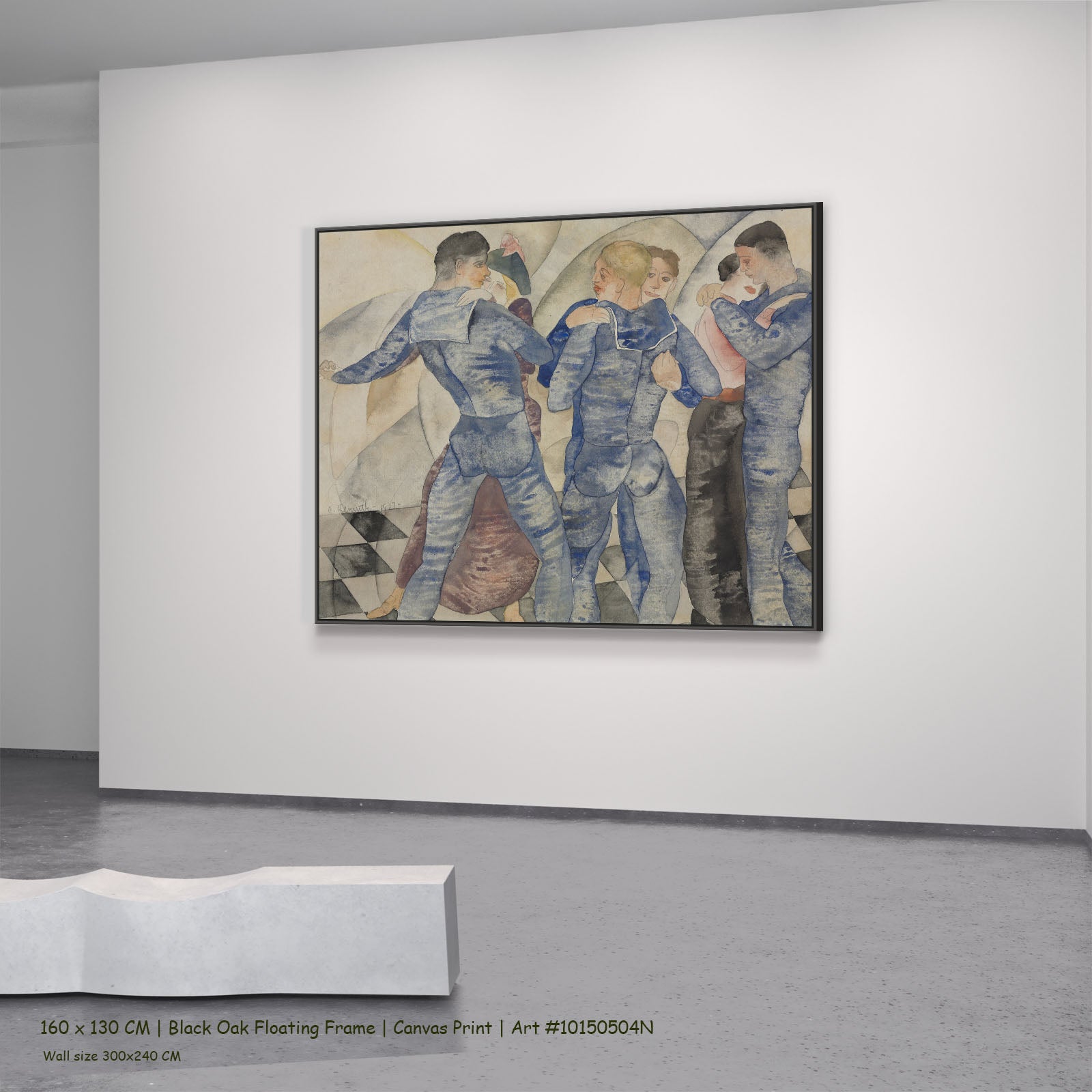 Dancing Sailors by Charles Demuth in a black oak floating frame, large blue and white Modern Abstract canvas