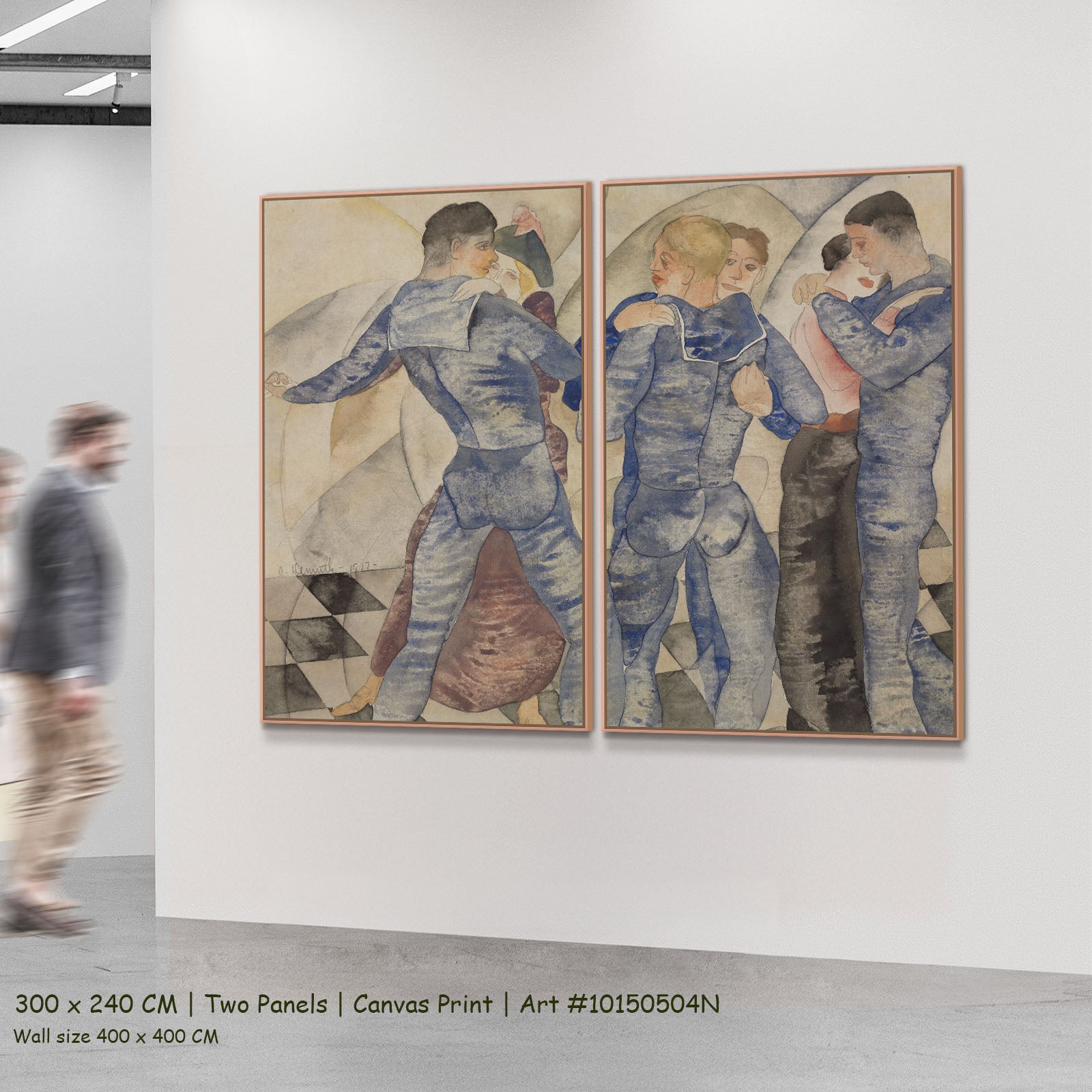 Dancing Sailors by Charles Demuth as a large two-panel blue and white Modern Abstract canvas set