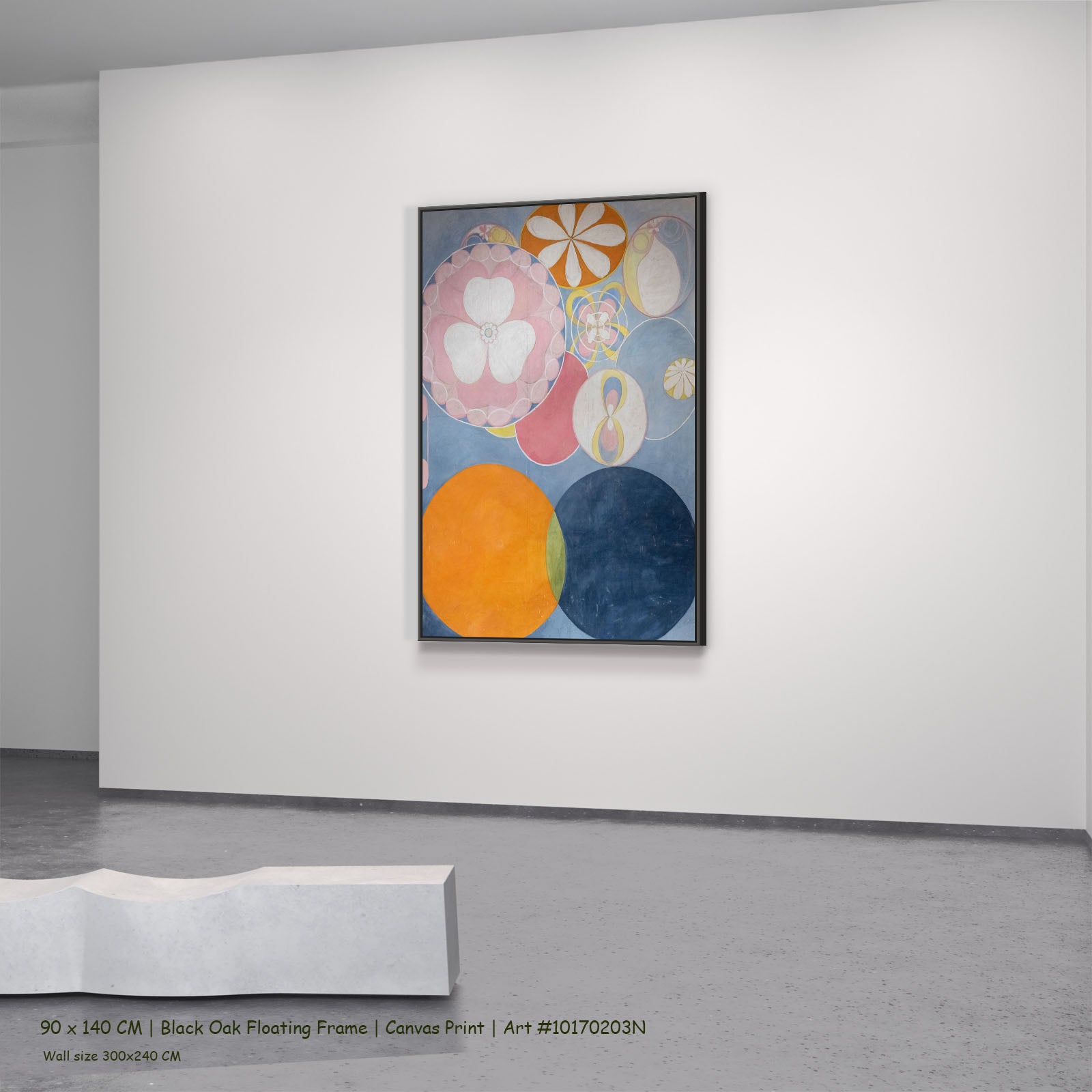 The Ten Largest, No. 2, Childhood by Hilma af Klint in a black oak floating frame, large light blue and orange Abstract canva