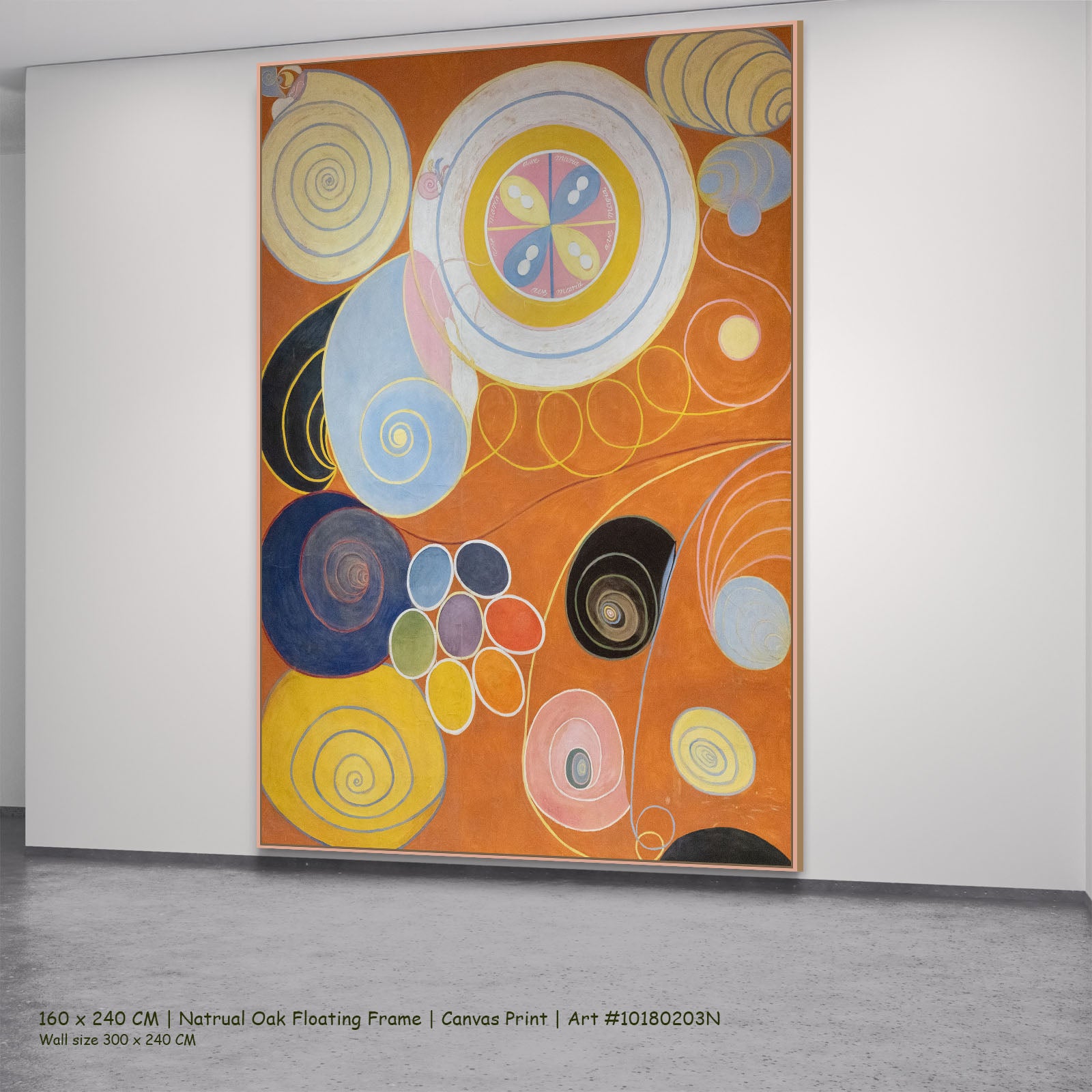 The Ten Largest, No. 3, Youth by Hilma af Klint in a natural oak floating frame, large orange and yellow Abstract canvas