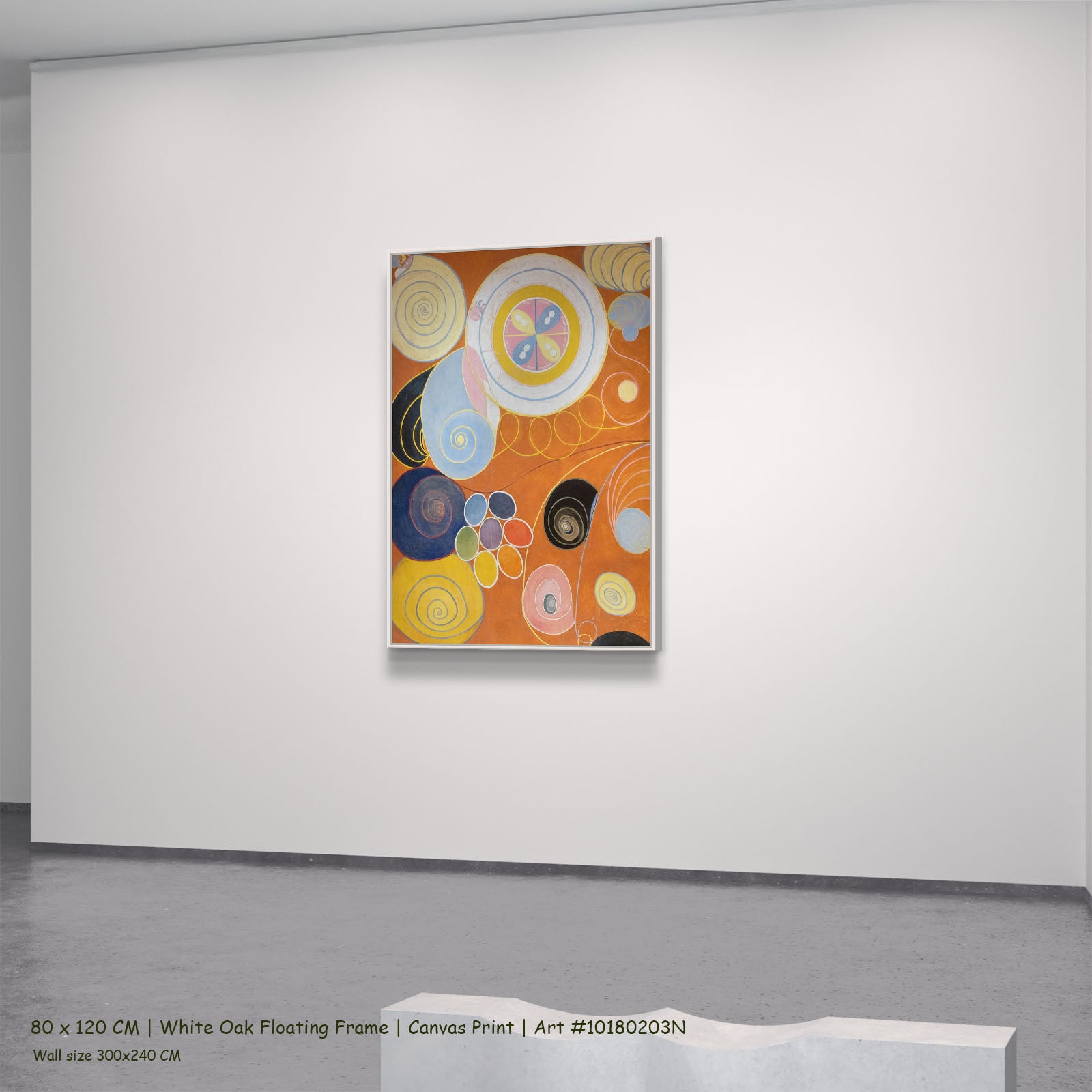 The Ten Largest, No. 3, Youth by Hilma af Klint in a white oak floating frame, large orange and yellow Abstract canvas